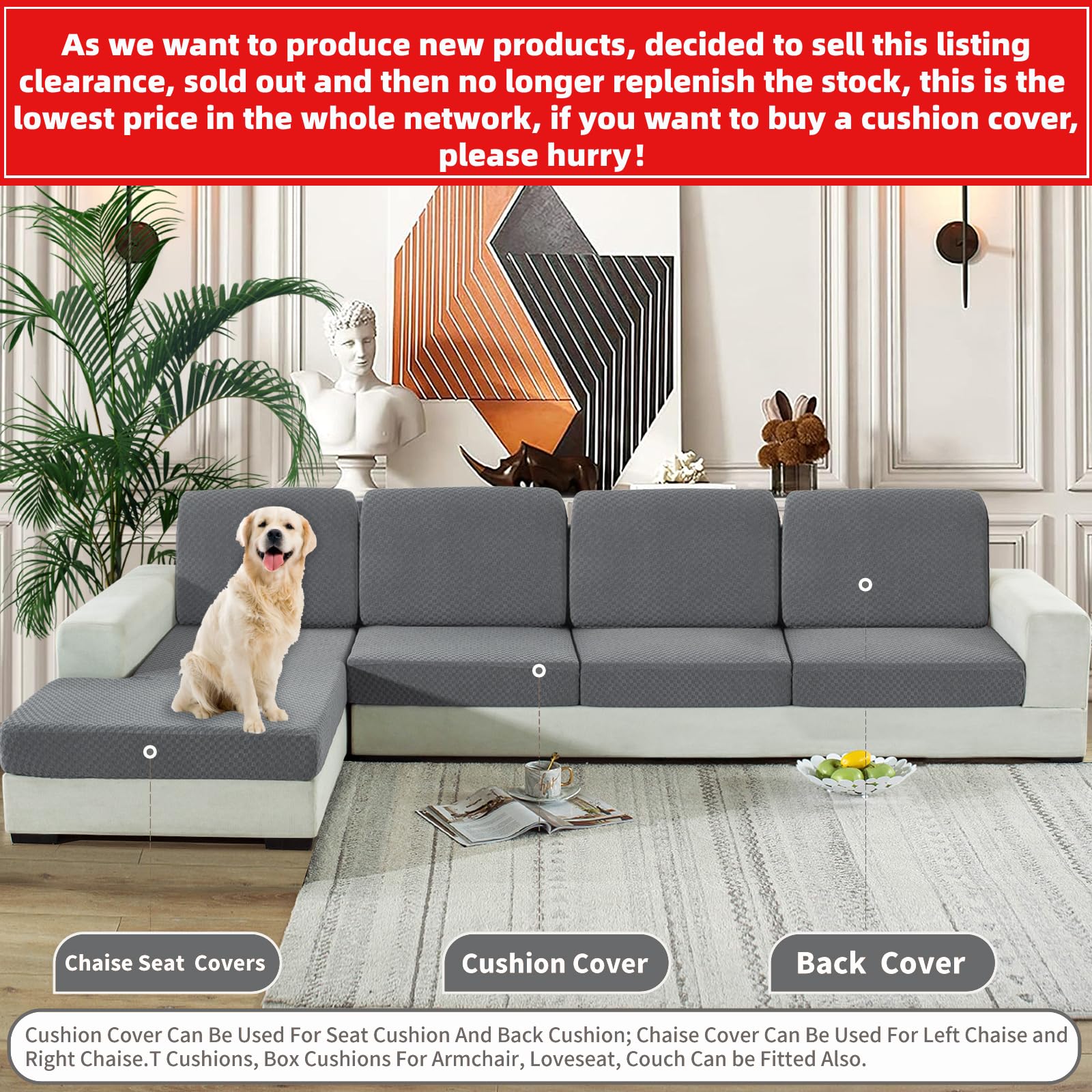 YEMYHOM YEMYHOM Stretch 3 Cushion Covers Soft Couch Cover Replacement Large Checkered Furniture Protector Light Gray - View 3 of 7