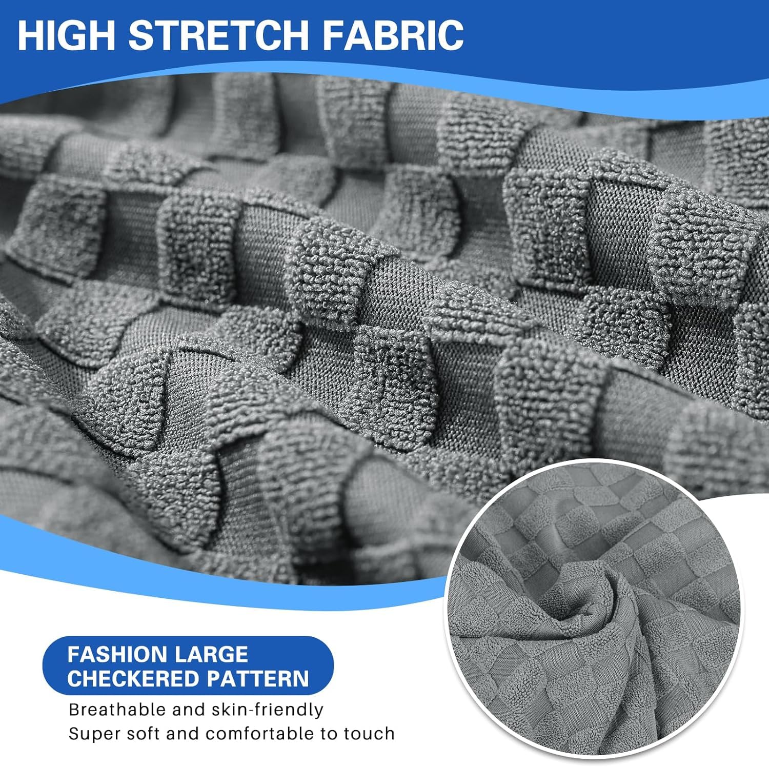 YEMYHOM YEMYHOM Stretch 3 Cushion Covers Soft Couch Cover Replacement Large Checkered Furniture Protector Light Gray - View 4 of 7