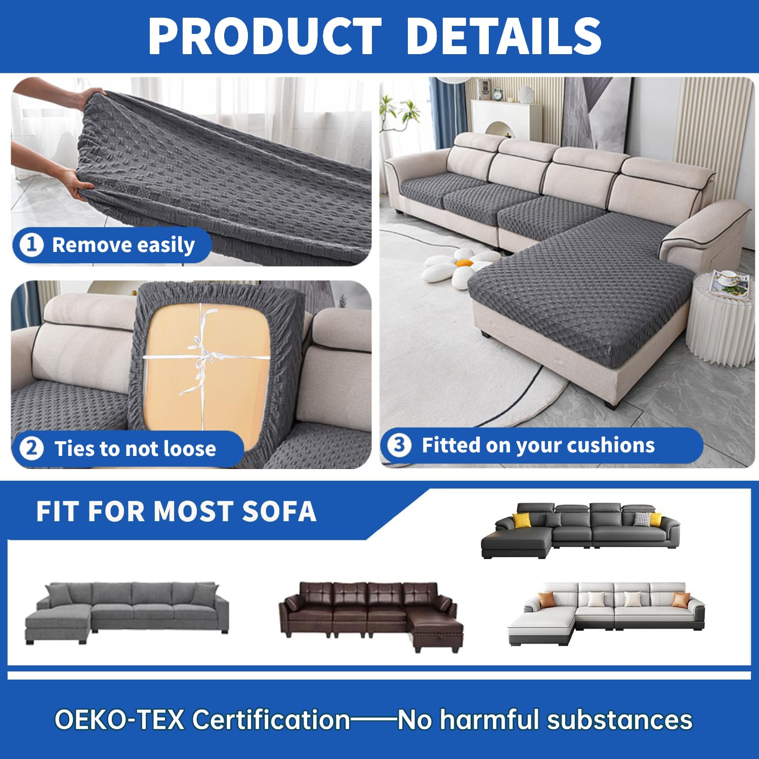 YEMYHOM YEMYHOM Stretch 3 Cushion Covers Soft Couch Cover Replacement Large Checkered Furniture Protector Light Gray - View 5 of 7