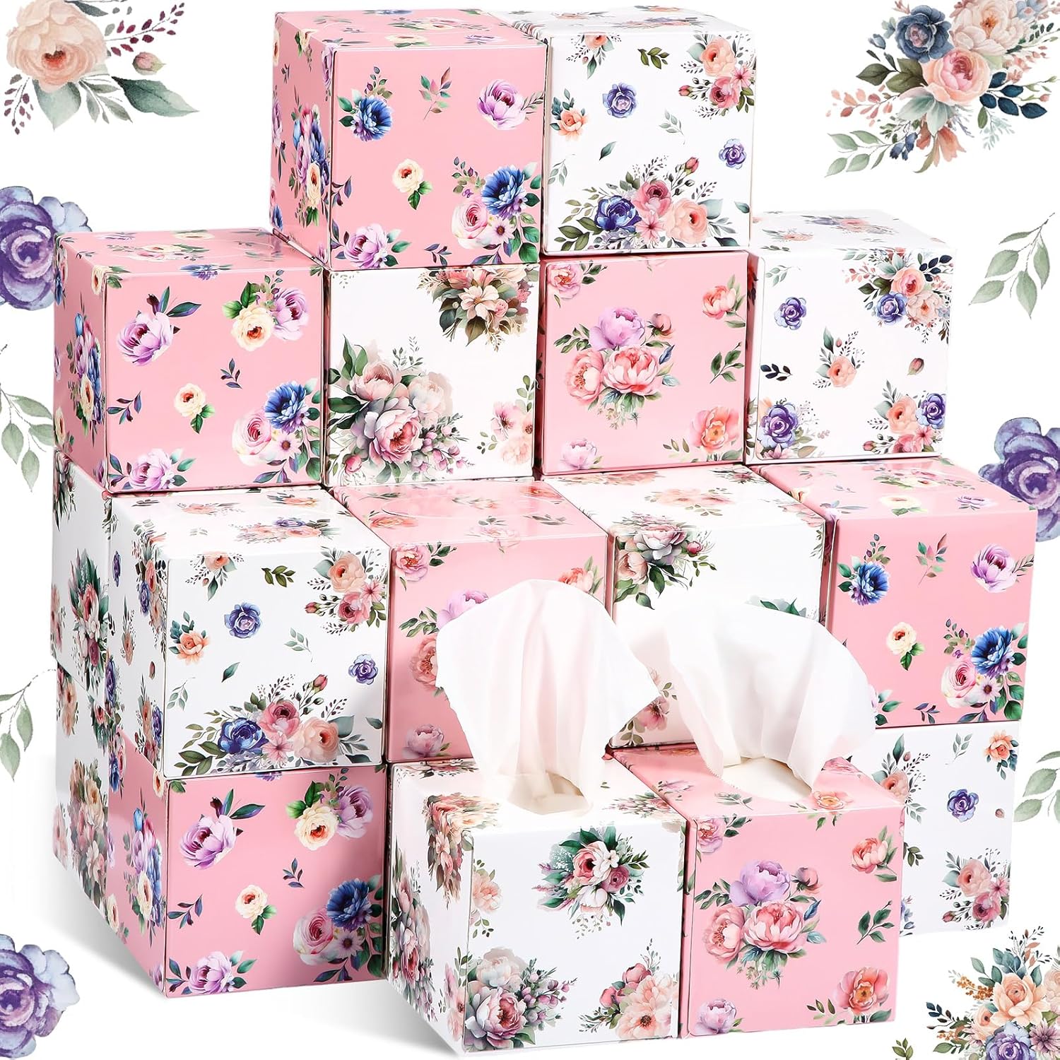 Yaomiao 24 Packs Facial Tissue Cube Boxes 1920 Sheets 2 Ply Floral Paper Tissues for Home Office Travel School Family and Car Use