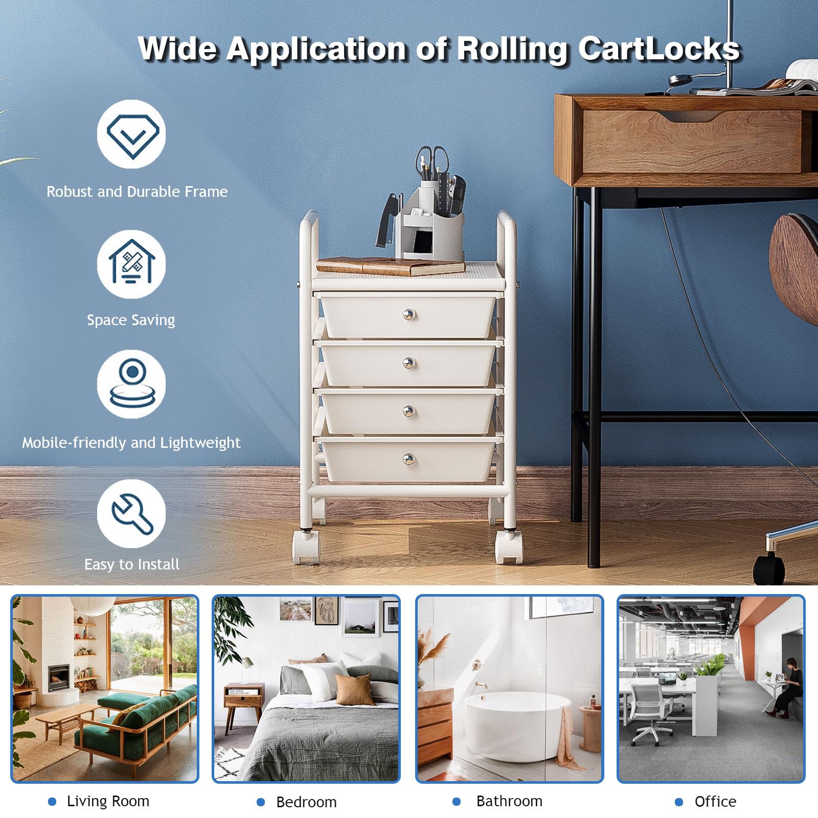 Shrivee Shrivee 4-Tier Utility Cart with Drawers and Lockable Wheels for Office Bathroom Kitchen Ivory White - View 3 of 8