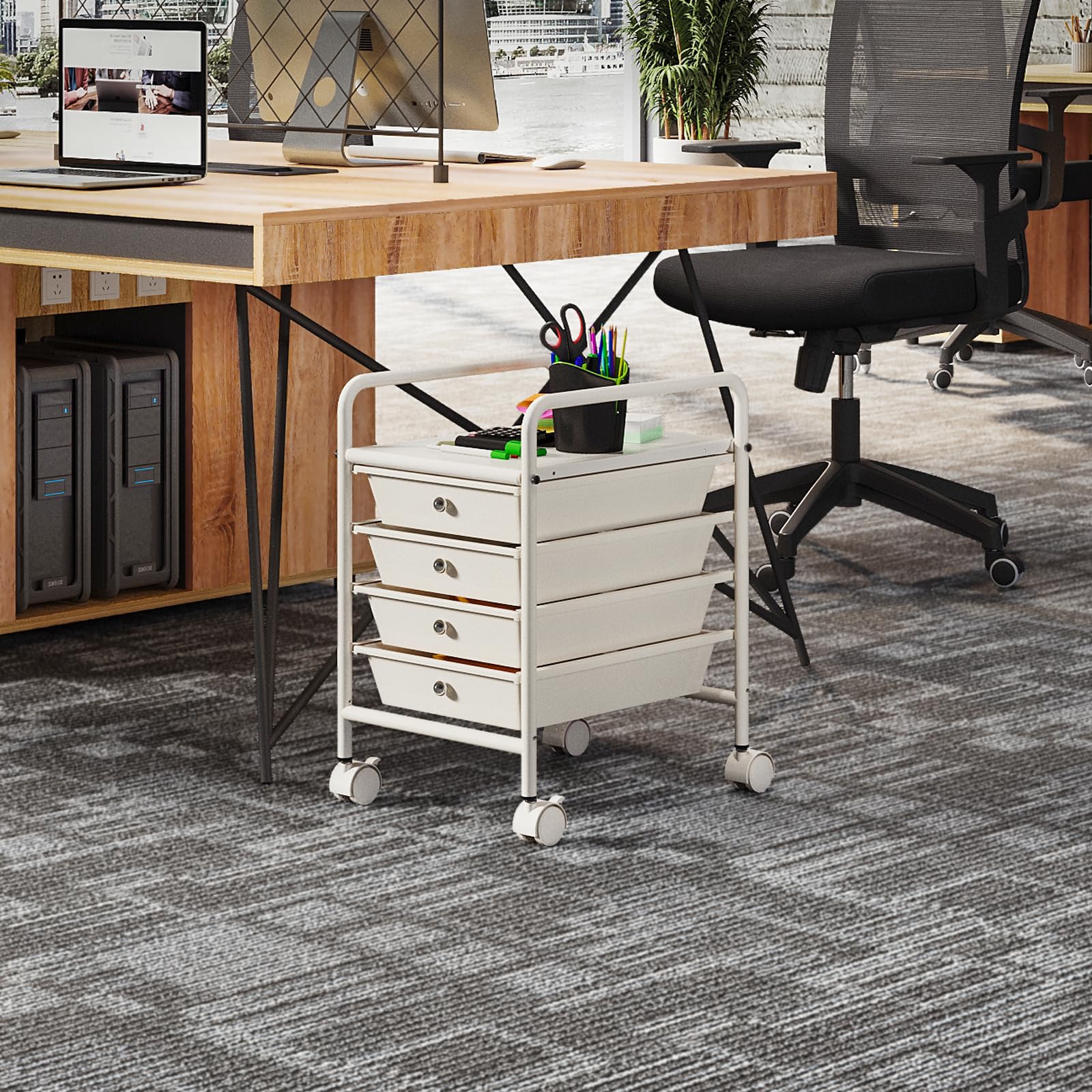 Shrivee Shrivee 4-Tier Utility Cart with Drawers and Lockable Wheels for Office Bathroom Kitchen Ivory White - View 5 of 8