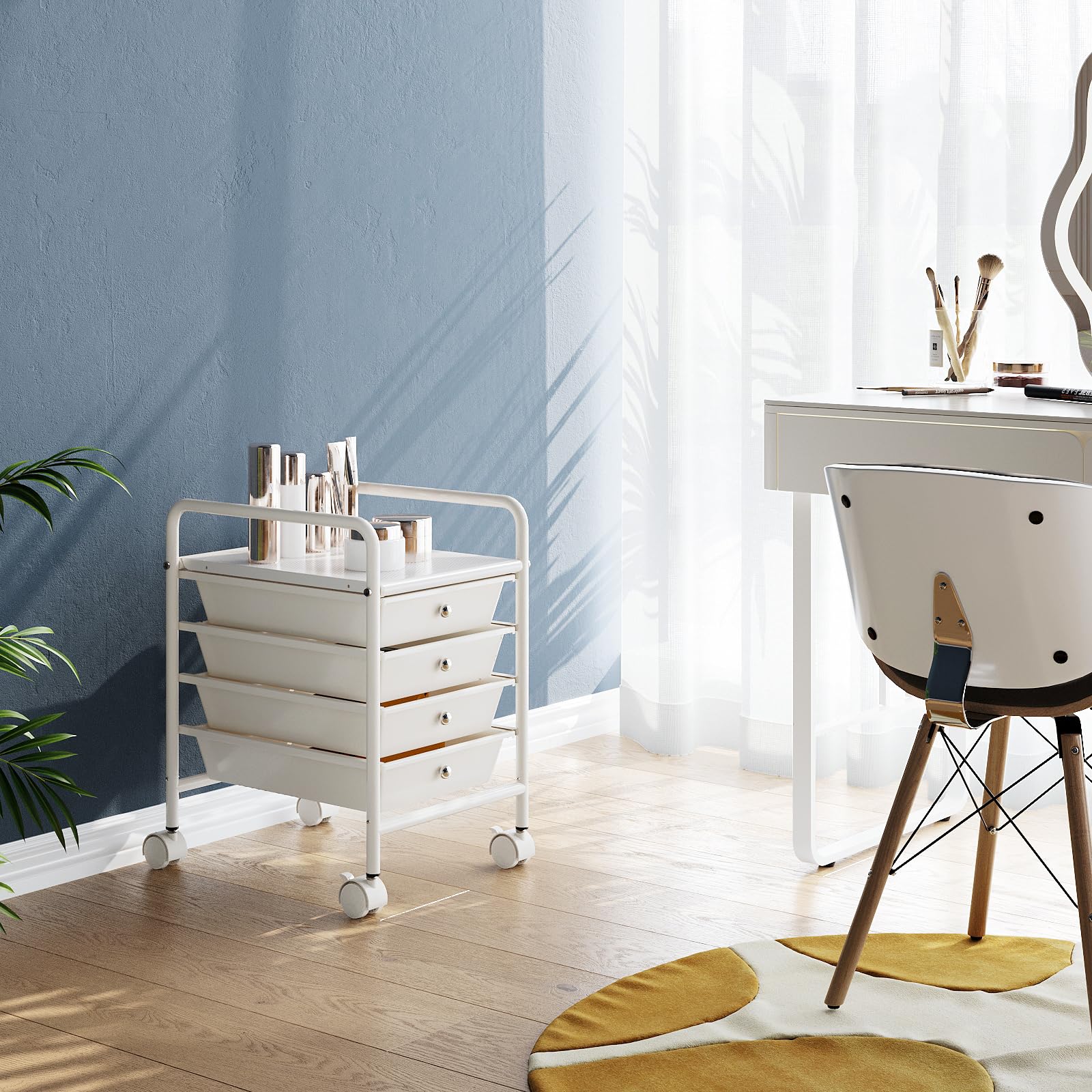 Shrivee Shrivee 4-Tier Utility Cart with Drawers and Lockable Wheels for Office Bathroom Kitchen Ivory White - View 6 of 8