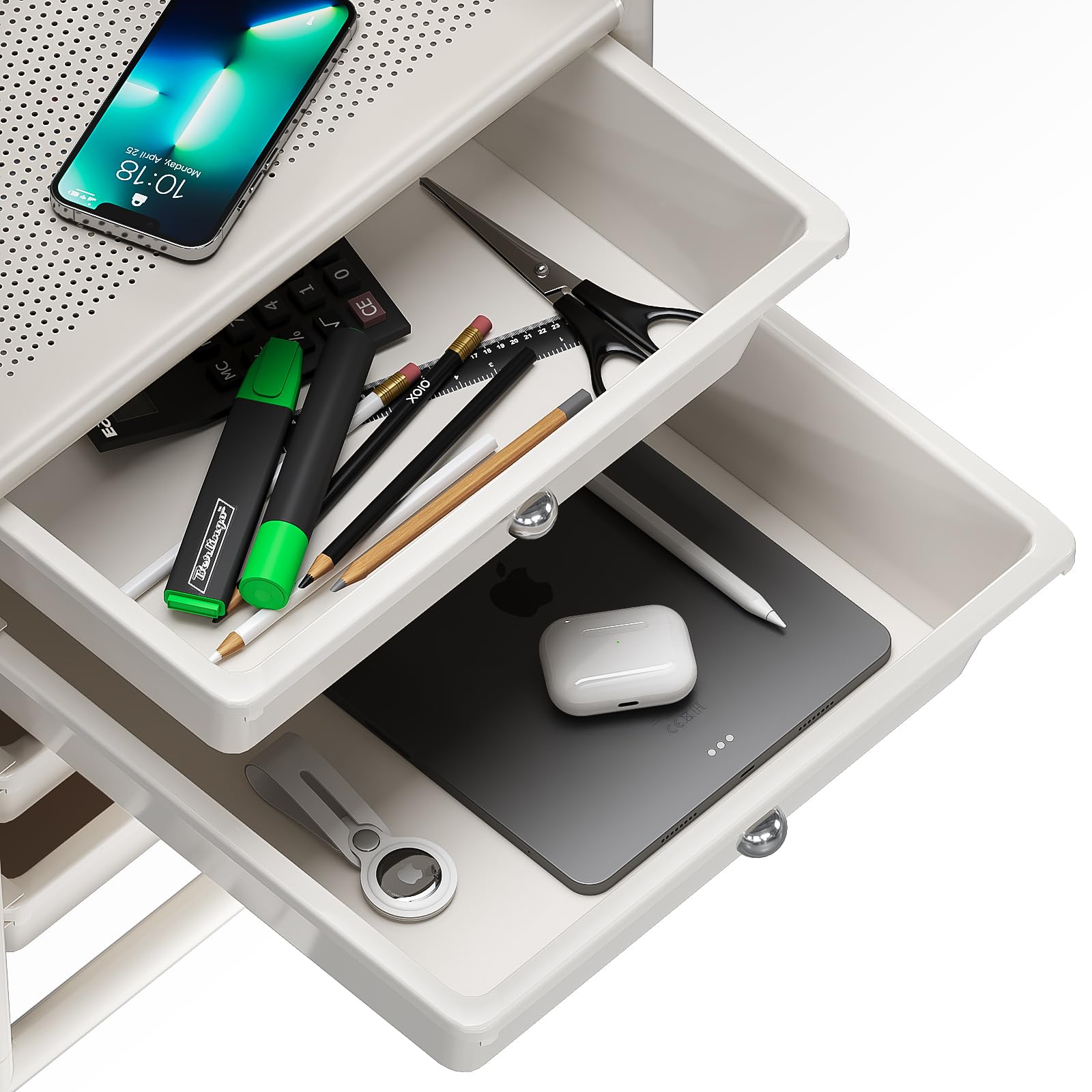 Shrivee Shrivee 4-Tier Utility Cart with Drawers and Lockable Wheels for Office Bathroom Kitchen Ivory White - View 7 of 8