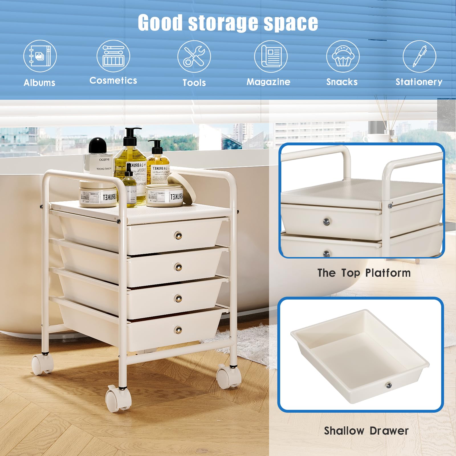 Shrivee Shrivee 4-Tier Utility Cart with Drawers and Lockable Wheels for Office Bathroom Kitchen Ivory White - View 8 of 8