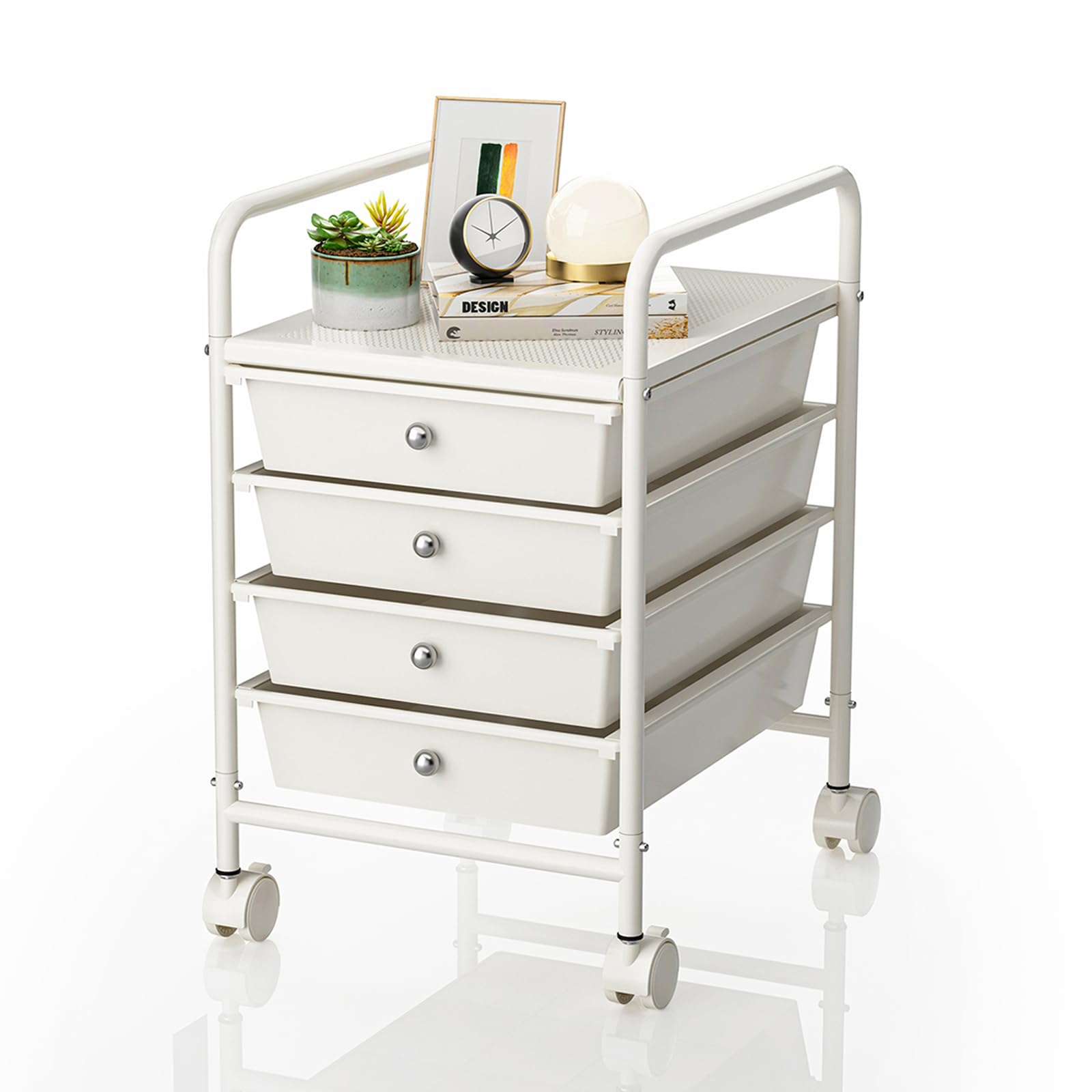 Shrivee Shrivee 4-Tier Utility Cart with Drawers and Lockable Wheels for Office Bathroom Kitchen Ivory White