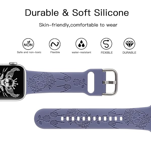REALSIGN Spooky Halloween Floral Engraved Silicone Band for Apple Watch 42mm 44mm 45mm - Skull Pattern Sport Strap for iWatch Series SE 8 7 6 - View 5 of 9