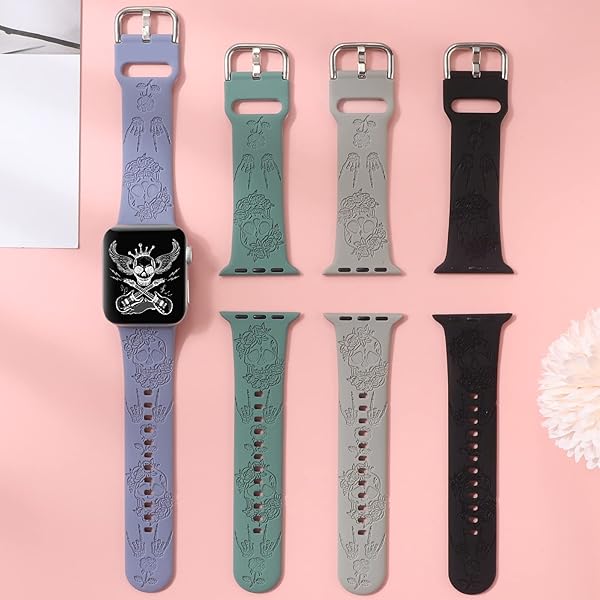 REALSIGN Spooky Halloween Floral Engraved Silicone Band for Apple Watch 42mm 44mm 45mm - Skull Pattern Sport Strap for iWatch Series SE 8 7 6 - View 6 of 9