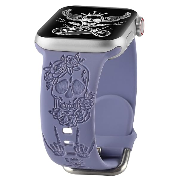 Spooky Halloween Floral Engraved Silicone Band for Apple Watch 42mm 44mm 45mm - Skull Pattern Sport Strap for iWatch Series SE 8 7 6
