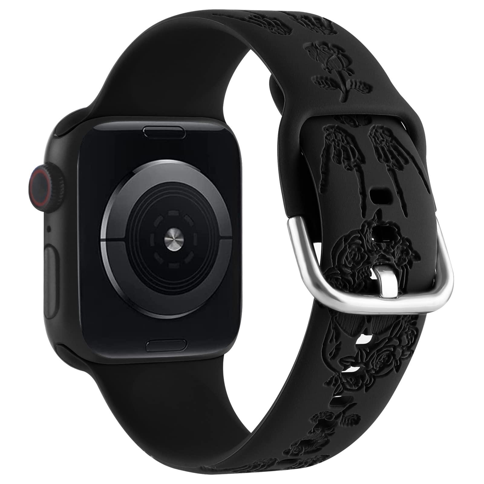 REALSIGN Spooky Halloween Floral Engraved Silicone Band for Apple Watch 42mm 44mm 45mm - Skull Pattern Sport Strap for iWatch Series SE 9 8 7 - View 2 of 7