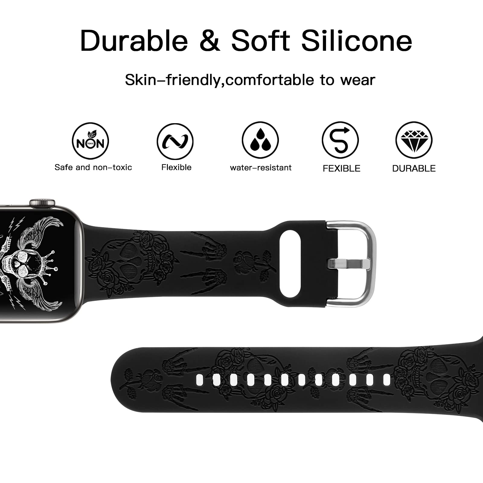 REALSIGN Spooky Halloween Floral Engraved Silicone Band for Apple Watch 42mm 44mm 45mm - Skull Pattern Sport Strap for iWatch Series SE 9 8 7 - View 3 of 7