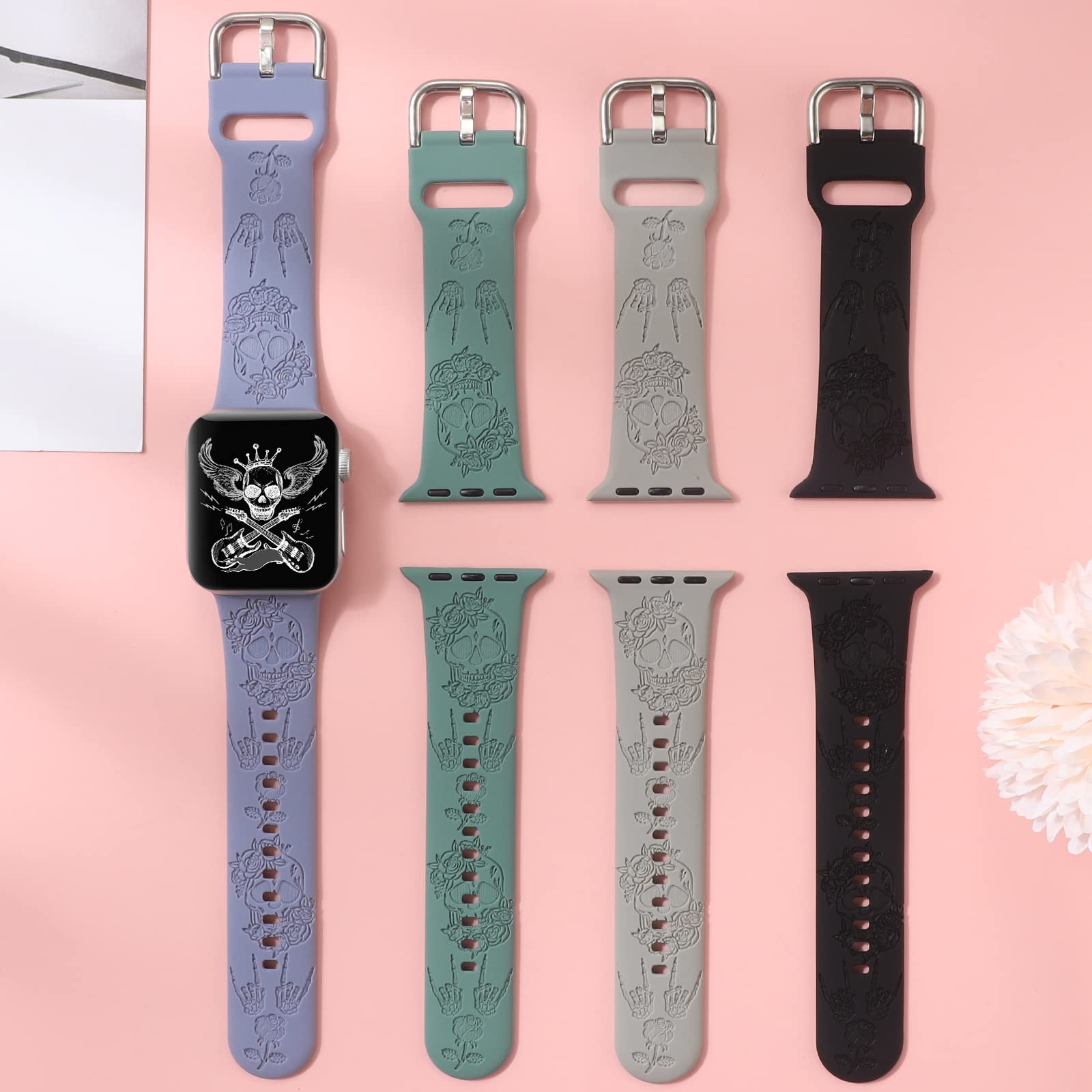 REALSIGN Spooky Halloween Floral Engraved Silicone Band for Apple Watch 42mm 44mm 45mm - Skull Pattern Sport Strap for iWatch Series SE 9 8 7 - View 4 of 7