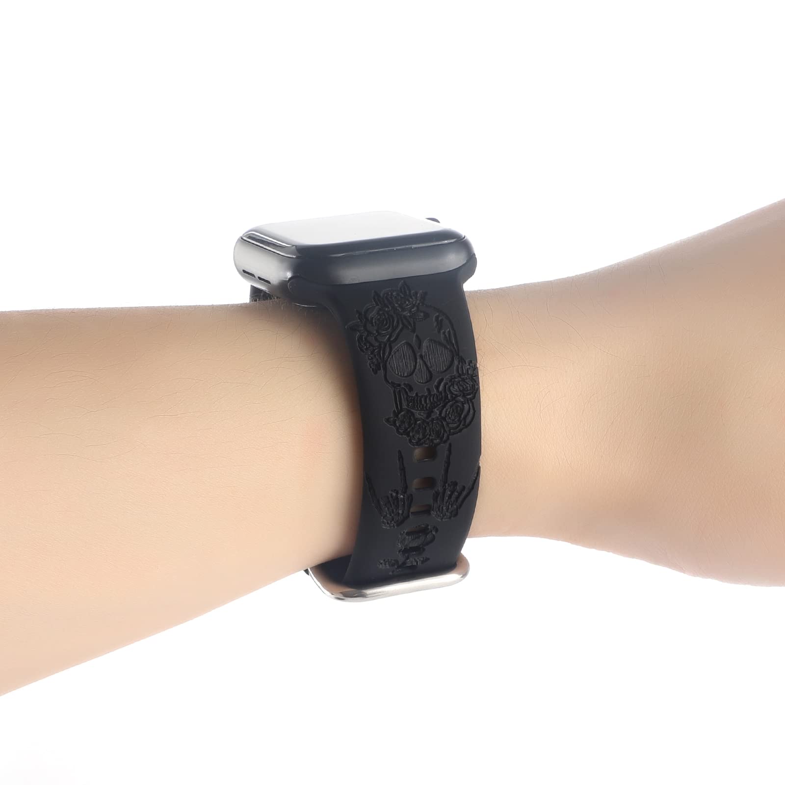 REALSIGN Spooky Halloween Floral Engraved Silicone Band for Apple Watch 42mm 44mm 45mm - Skull Pattern Sport Strap for iWatch Series SE 9 8 7 - View 6 of 7