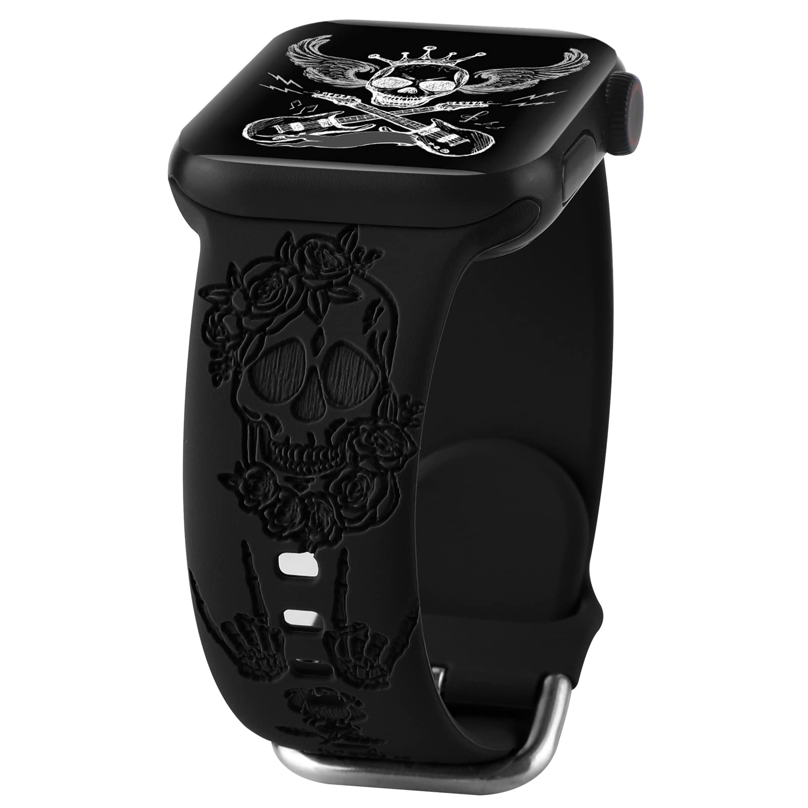 Spooky Halloween Floral Engraved Silicone Band for Apple Watch 42mm 44mm 45mm - Skull Pattern Sport Strap for iWatch Series SE 9 8 7