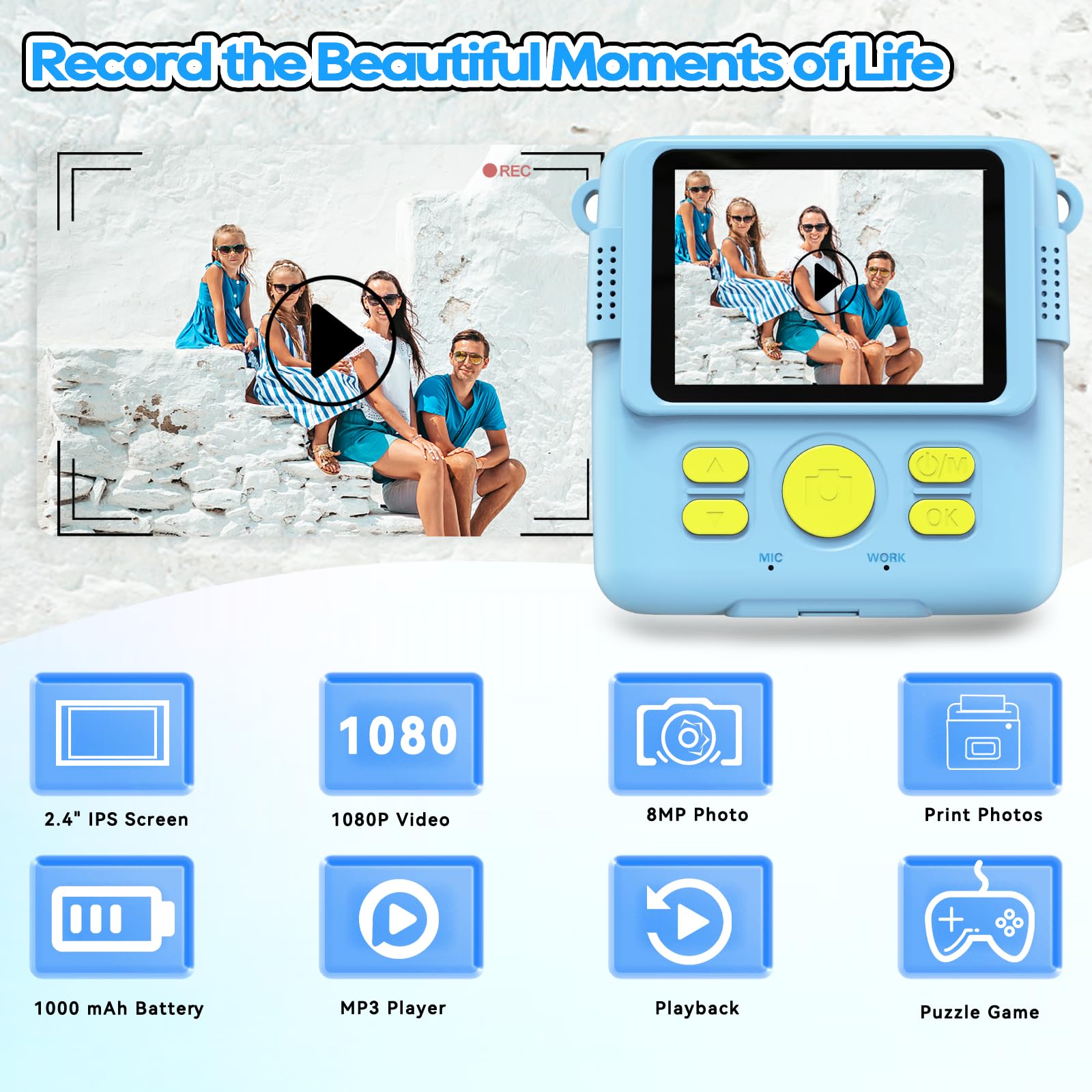 Instant Print Camera for Kids with 3 Rolls of Paper 1080P Digital Camera Toys for Ages 3-12 with 32GB SD Card Perfect Christmas Birthday Gift Blue - View 2 of 6
