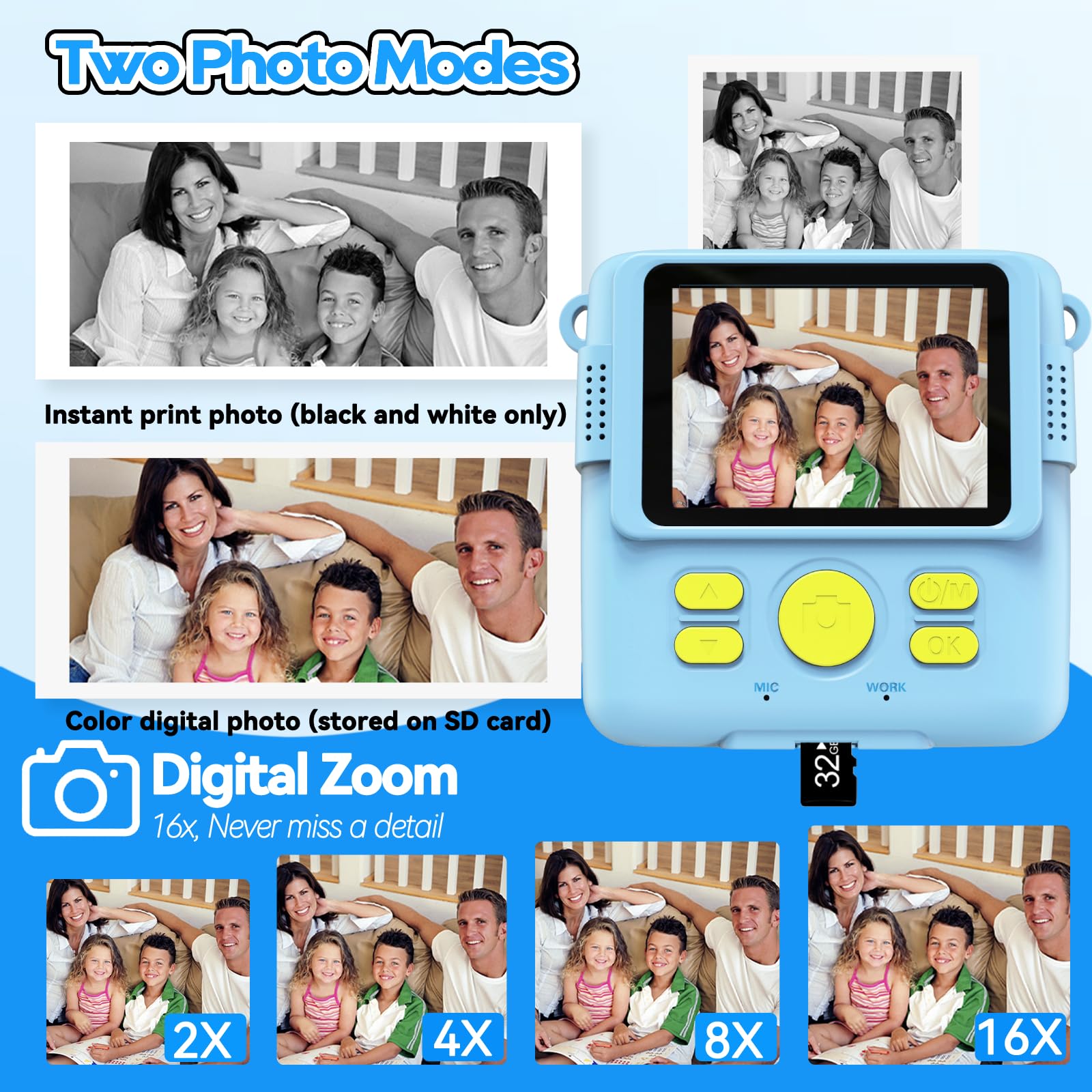 Instant Print Camera for Kids with 3 Rolls of Paper 1080P Digital Camera Toys for Ages 3-12 with 32GB SD Card Perfect Christmas Birthday Gift Blue - View 3 of 6