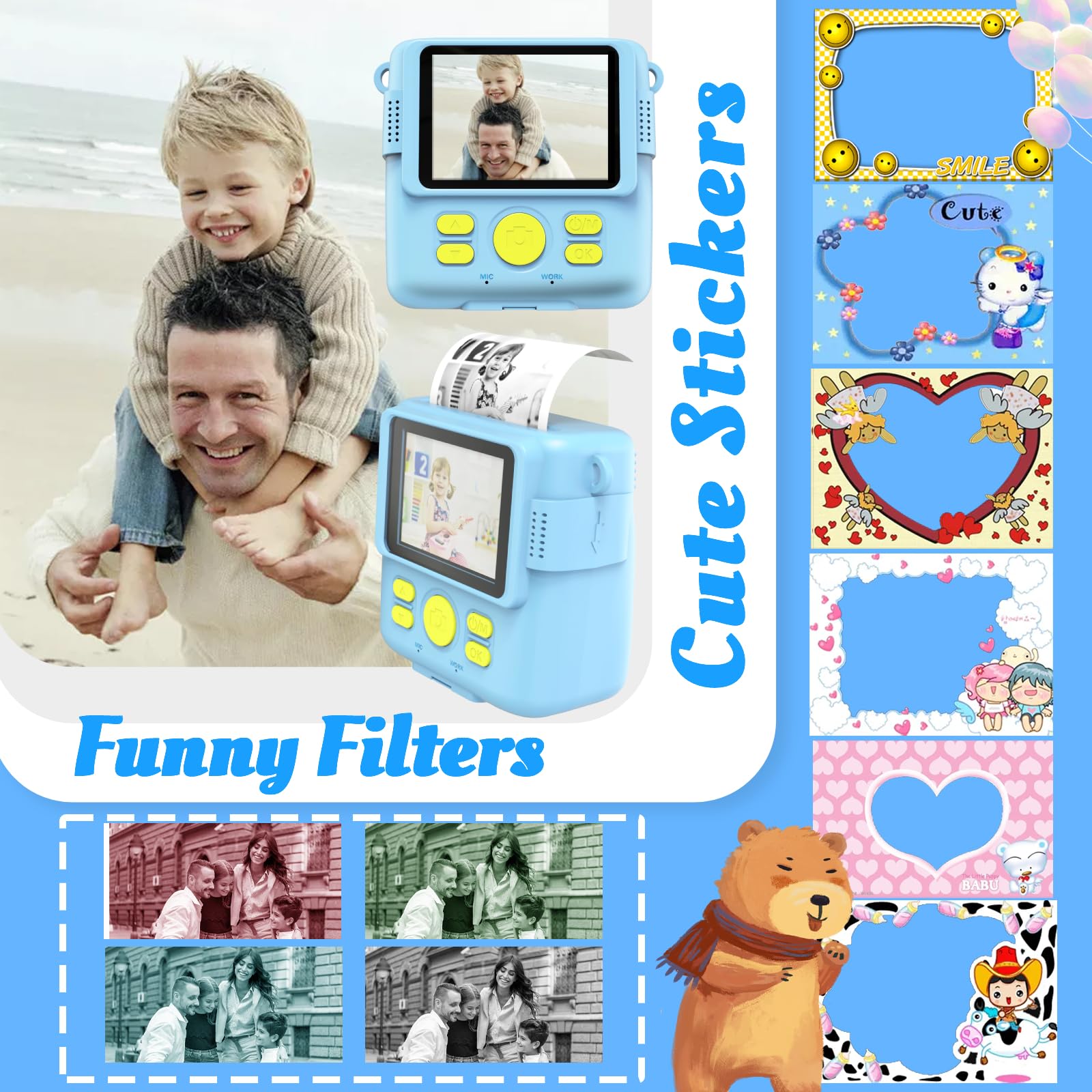 Instant Print Camera for Kids with 3 Rolls of Paper 1080P Digital Camera Toys for Ages 3-12 with 32GB SD Card Perfect Christmas Birthday Gift Blue - View 4 of 6