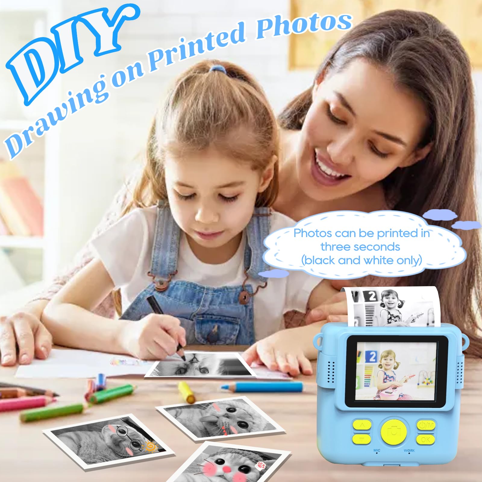 Instant Print Camera for Kids with 3 Rolls of Paper 1080P Digital Camera Toys for Ages 3-12 with 32GB SD Card Perfect Christmas Birthday Gift Blue - View 5 of 6