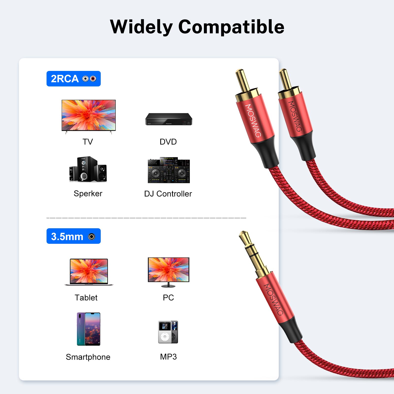 MOSWAG MOSWAG RCA Cable 3.5mm Male to 2RCA Male Stereo Audio Adapter Gold-Plated Nylon Braided AUX Y Cord for Smartphones Tablets Speakers HDTV - View 2 of 6