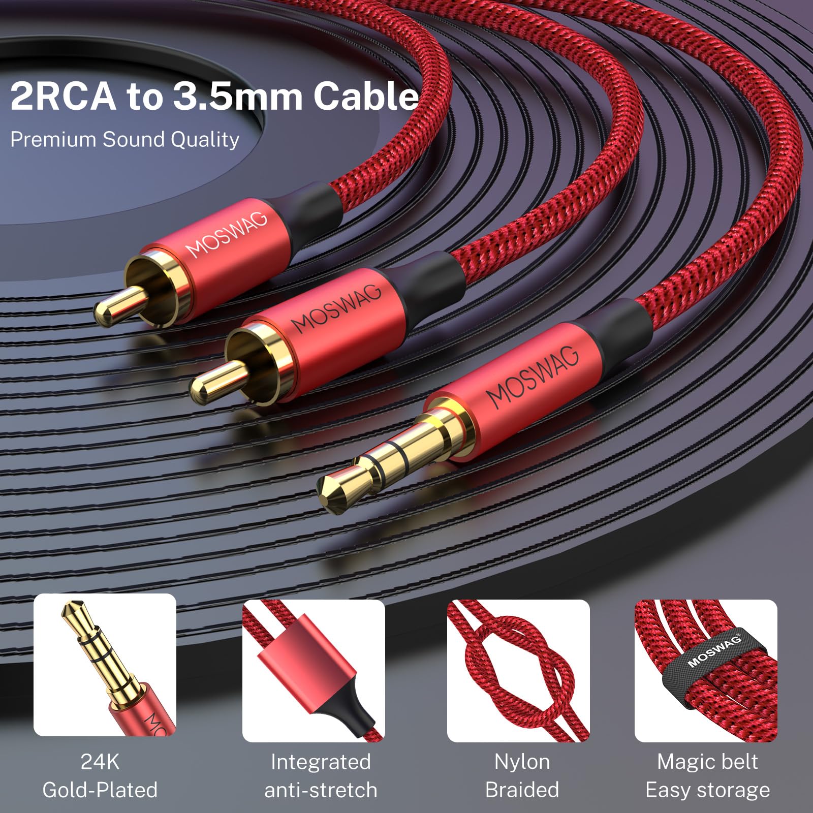 MOSWAG MOSWAG RCA Cable 3.5mm Male to 2RCA Male Stereo Audio Adapter Gold-Plated Nylon Braided AUX Y Cord for Smartphones Tablets Speakers HDTV - View 4 of 6