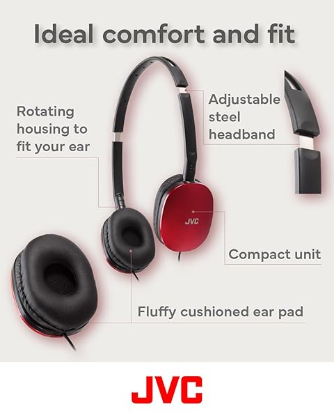 JVC JVC HAS160MR Red Flat Foldable On-Ear Headphones with Remote & Microphone - Colorful, 3.94ft Gold Plated 3.5mm Plug - View 4 of 8