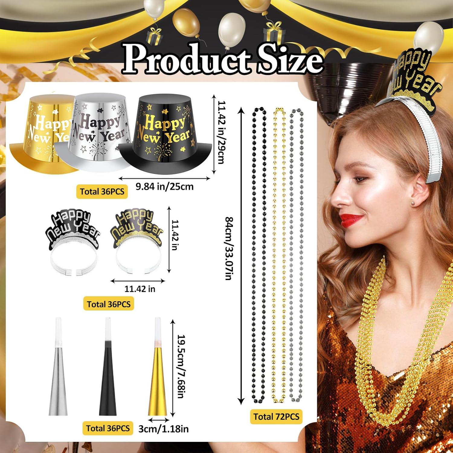 Suhine 180 Pcs New Years Eve Party Supplies Set with Hats Headbands Tiaras Noise Makers and Bead Necklaces in Gold Black and Silver - View 2 of 7