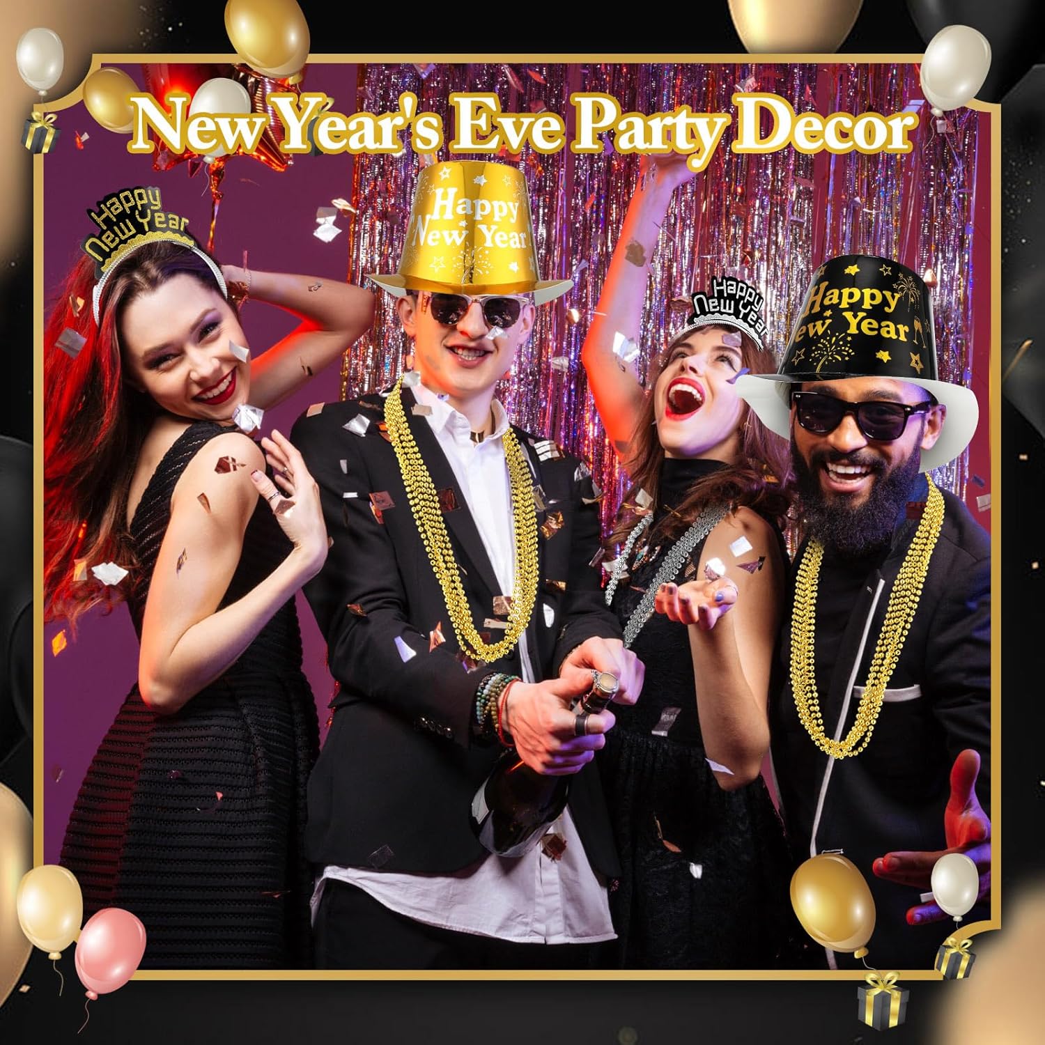 Suhine 180 Pcs New Years Eve Party Supplies Set with Hats Headbands Tiaras Noise Makers and Bead Necklaces in Gold Black and Silver - View 3 of 7