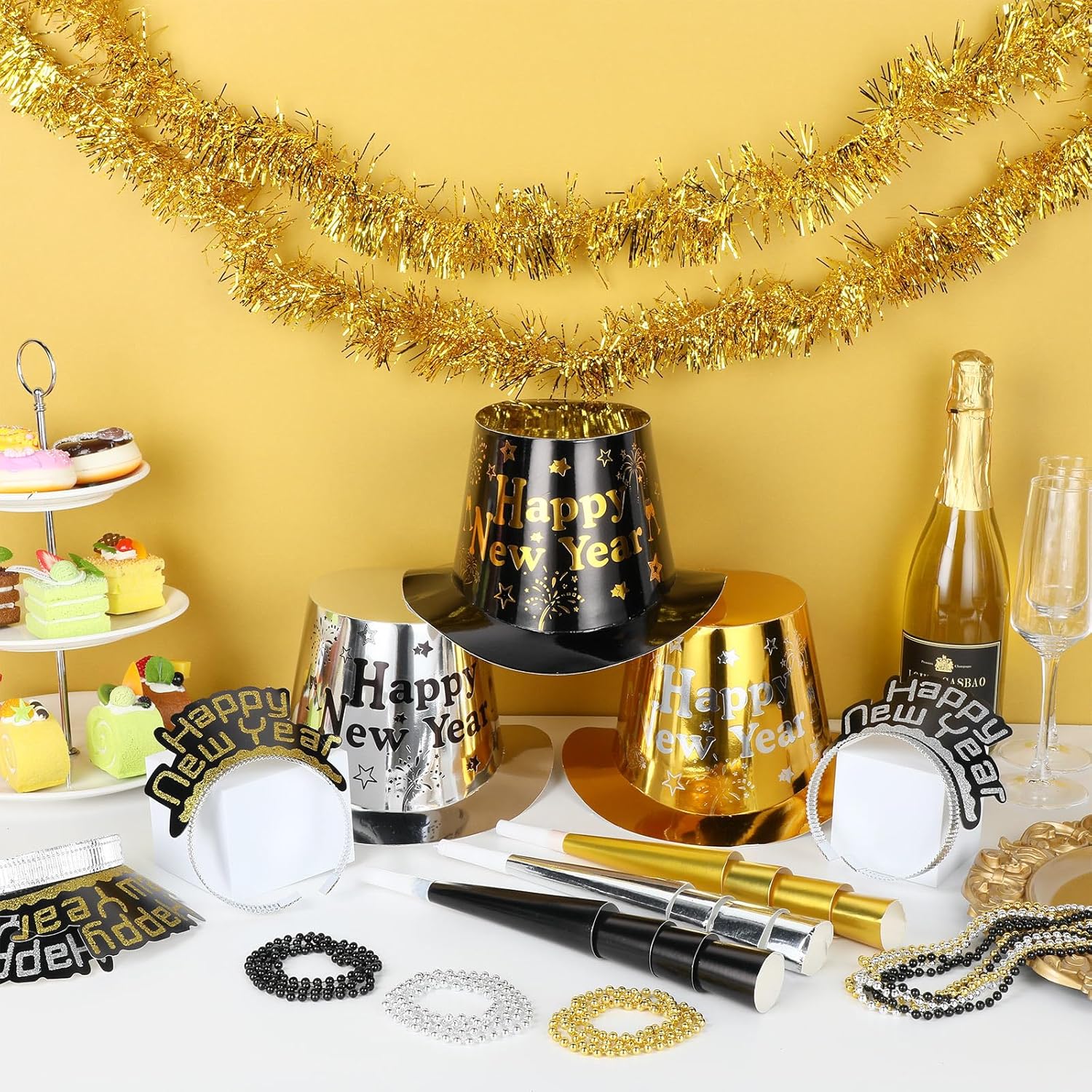 Suhine 180 Pcs New Years Eve Party Supplies Set with Hats Headbands Tiaras Noise Makers and Bead Necklaces in Gold Black and Silver - View 4 of 7