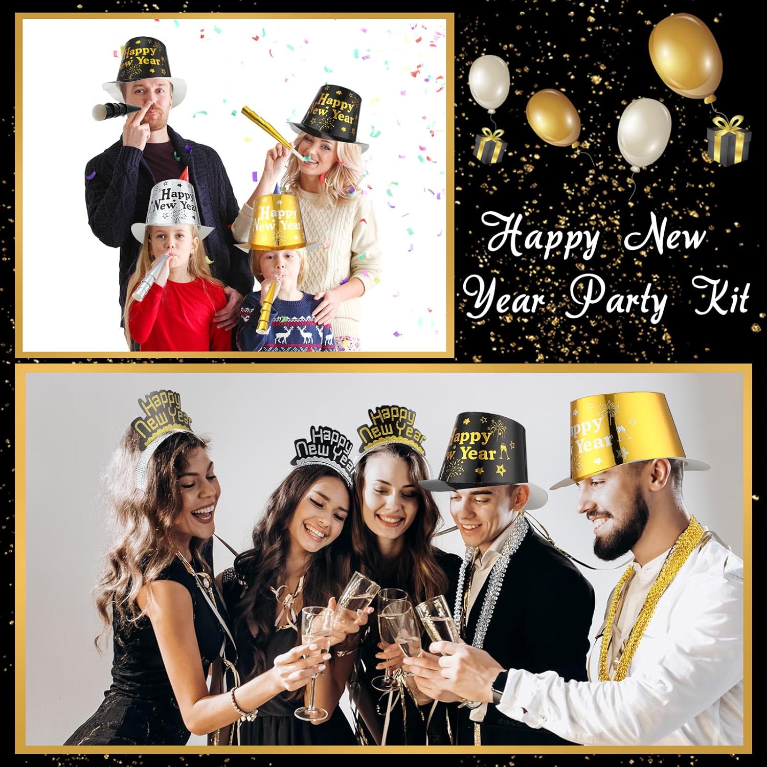 Suhine 180 Pcs New Years Eve Party Supplies Set with Hats Headbands Tiaras Noise Makers and Bead Necklaces in Gold Black and Silver - View 5 of 7