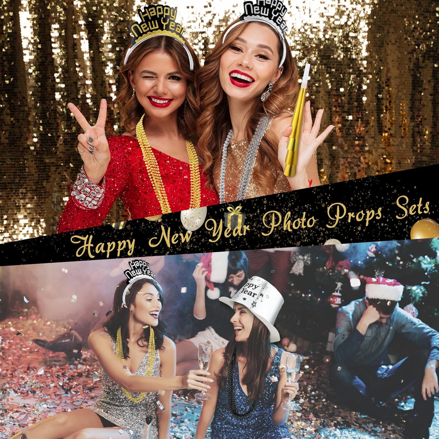 Suhine 180 Pcs New Years Eve Party Supplies Set with Hats Headbands Tiaras Noise Makers and Bead Necklaces in Gold Black and Silver - View 6 of 7