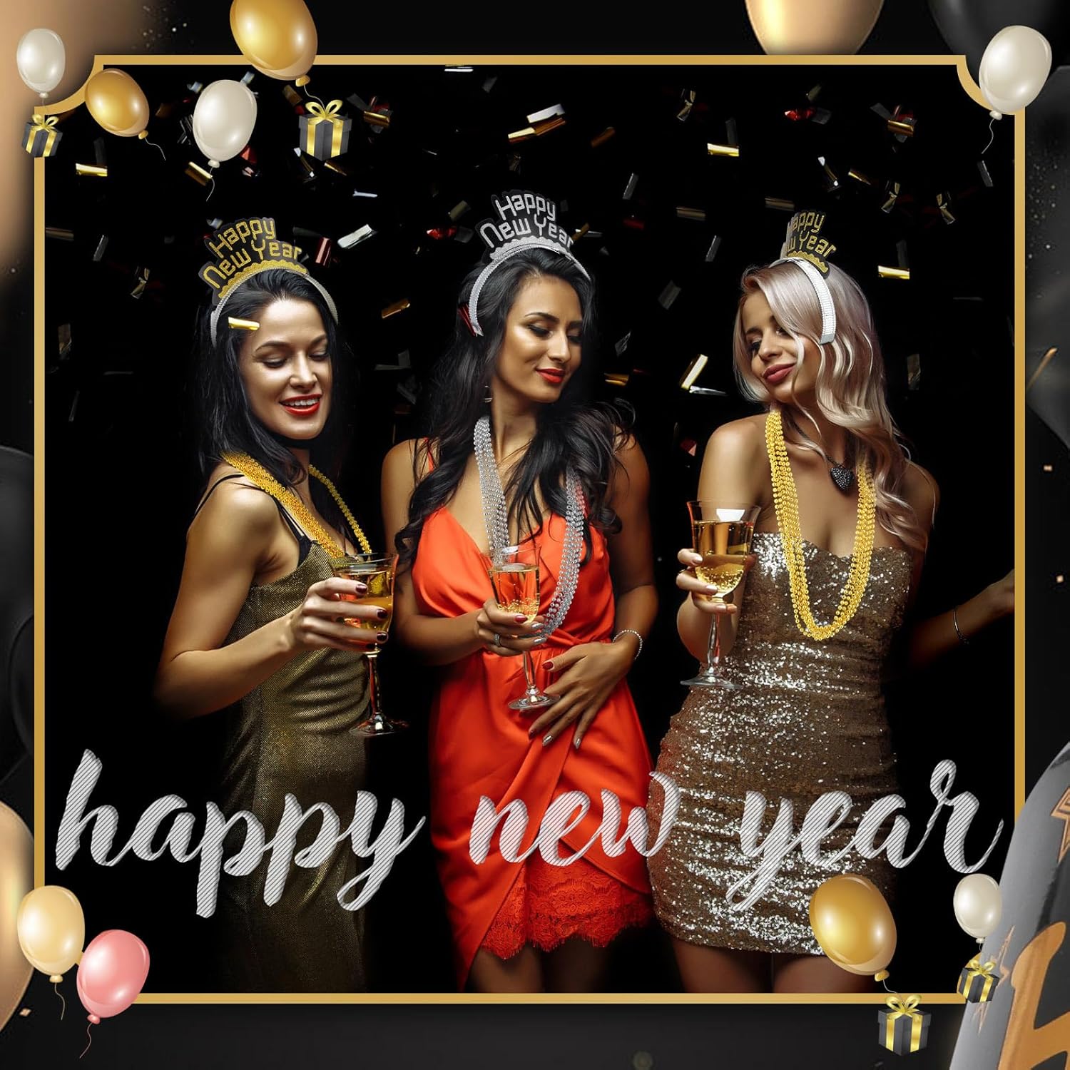 Suhine 180 Pcs New Years Eve Party Supplies Set with Hats Headbands Tiaras Noise Makers and Bead Necklaces in Gold Black and Silver - View 7 of 7