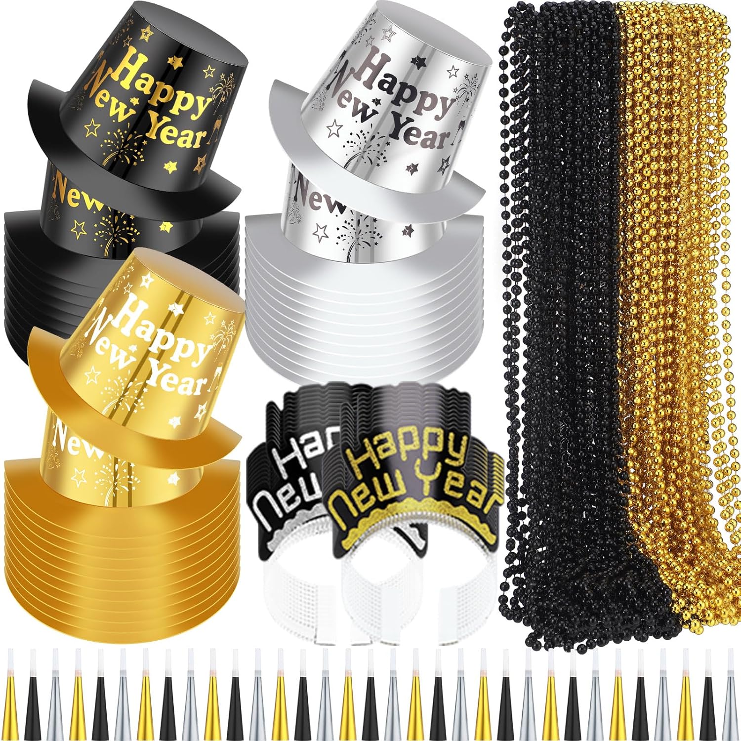 Suhine 180 Pcs New Years Eve Party Supplies Set with Hats Headbands Tiaras Noise Makers and Bead Necklaces in Gold Black and Silver