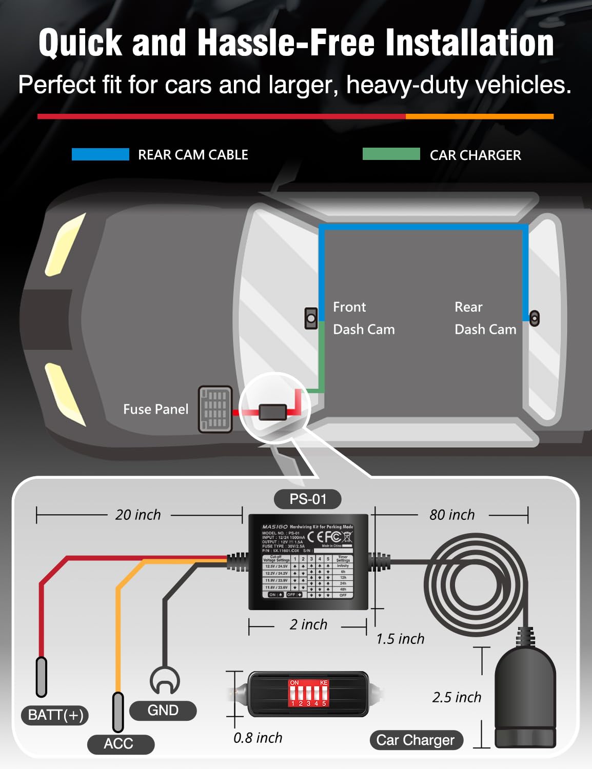 MASIGO MASIGO Dash Cam Hardwire Kit USB-C Compatible with Low Voltage Protection and Timer Settings for Continuous Power in Parking Mode - View 5 of 5