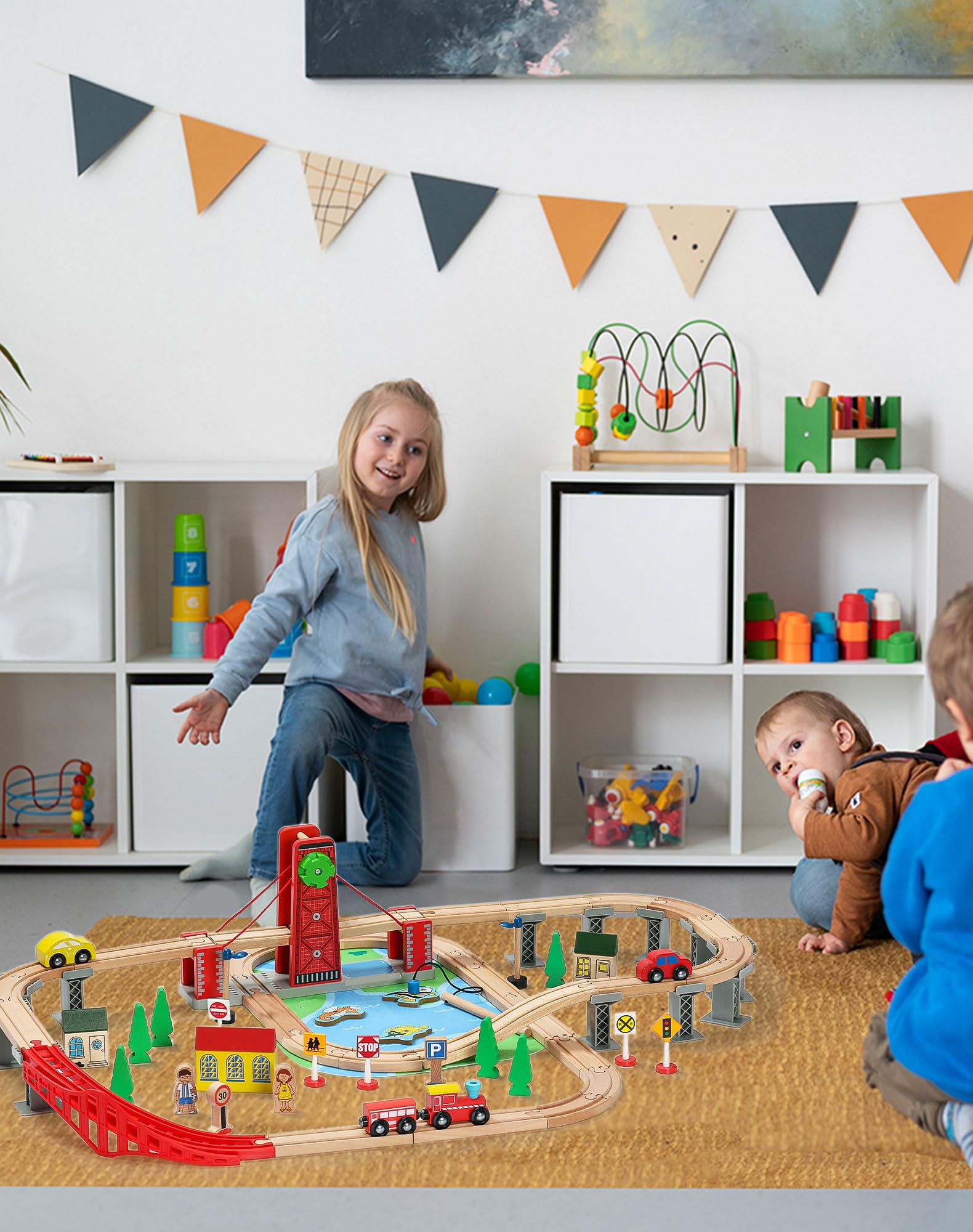 SainSmart Jr. SainSmart Jr Wooden Train Set for Toddlers Double-Sided Track with 4 Trains Compatible with Brio Thomas and Melissa and Doug - View 3 of 8