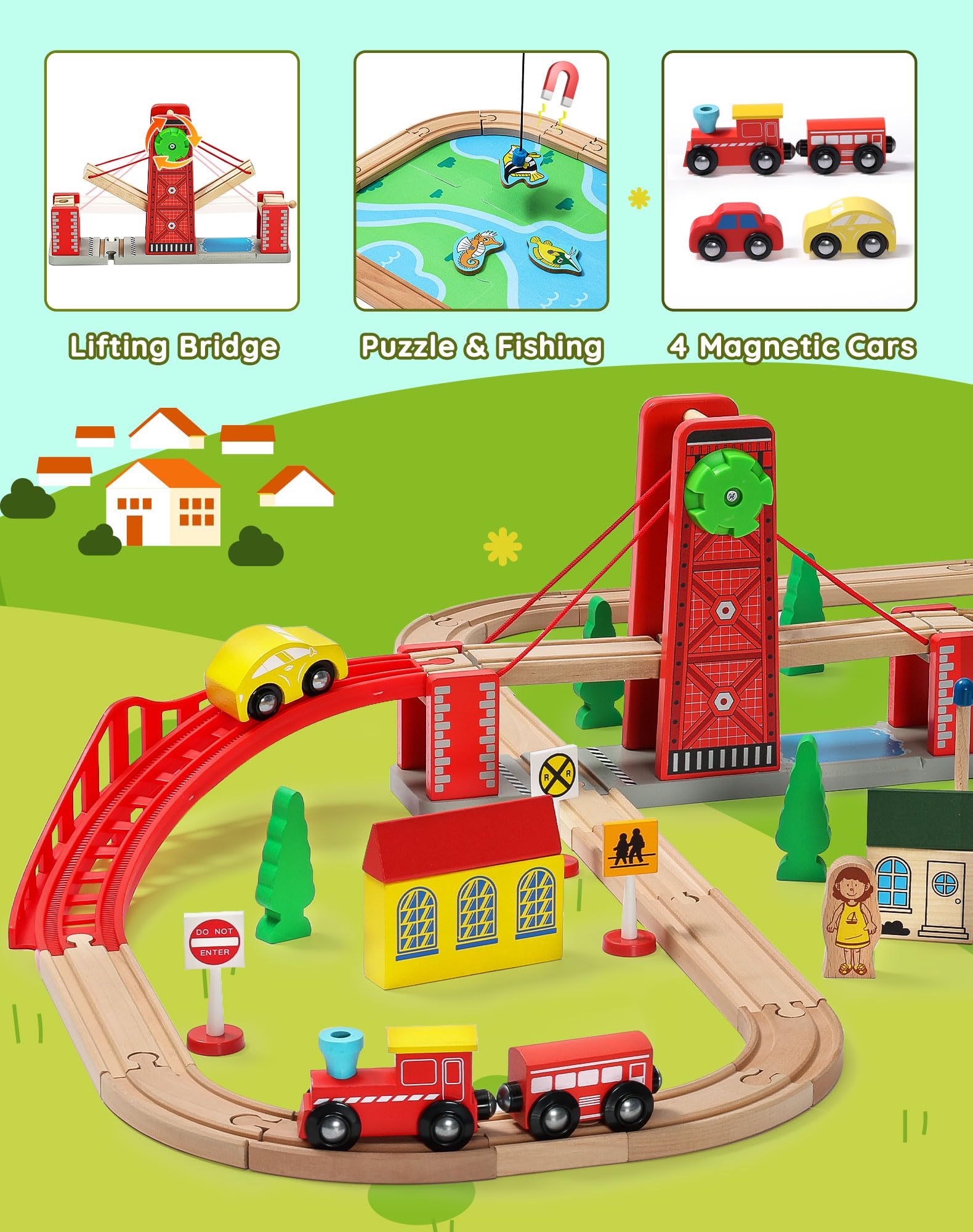 SainSmart Jr. SainSmart Jr Wooden Train Set for Toddlers Double-Sided Track with 4 Trains Compatible with Brio Thomas and Melissa and Doug - View 4 of 8