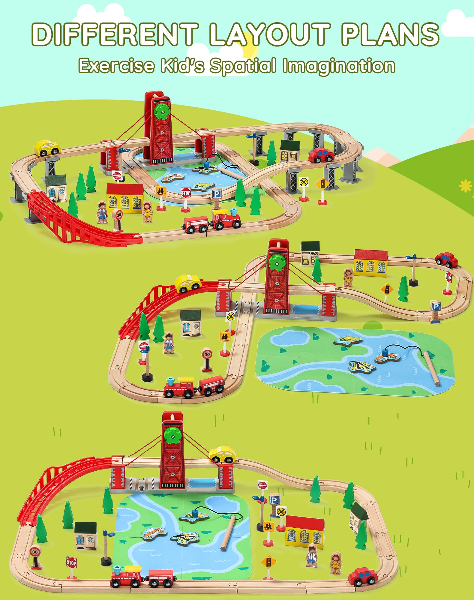 SainSmart Jr. SainSmart Jr Wooden Train Set for Toddlers Double-Sided Track with 4 Trains Compatible with Brio Thomas and Melissa and Doug - View 5 of 8