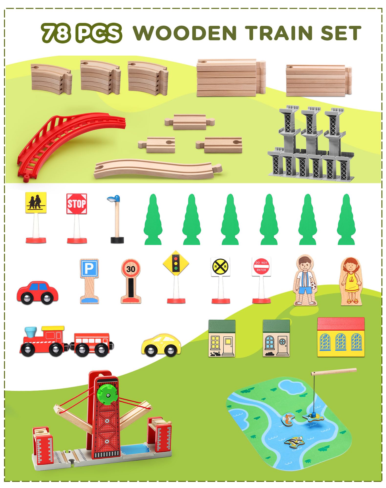 SainSmart Jr. SainSmart Jr Wooden Train Set for Toddlers Double-Sided Track with 4 Trains Compatible with Brio Thomas and Melissa and Doug - View 7 of 8