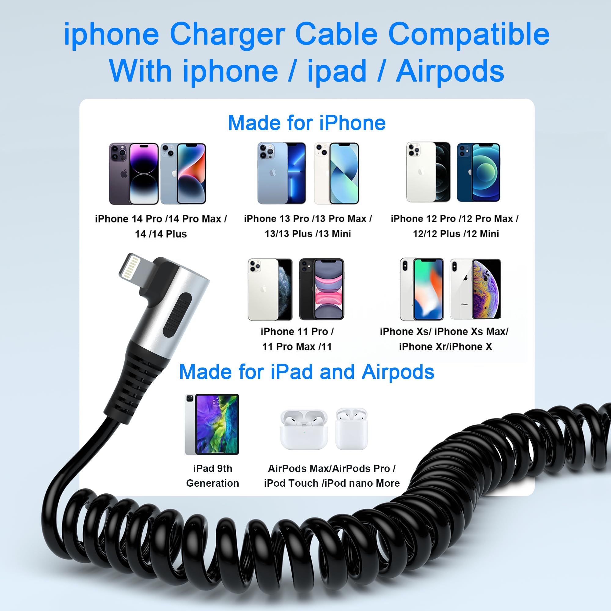 clickfish 90 Degree Coiled Lightning Cable 2 Pack MFi Certified Fast Charging Right Angle iPhone Charger for Apple Carplay iPad iPod - View 2 of 7