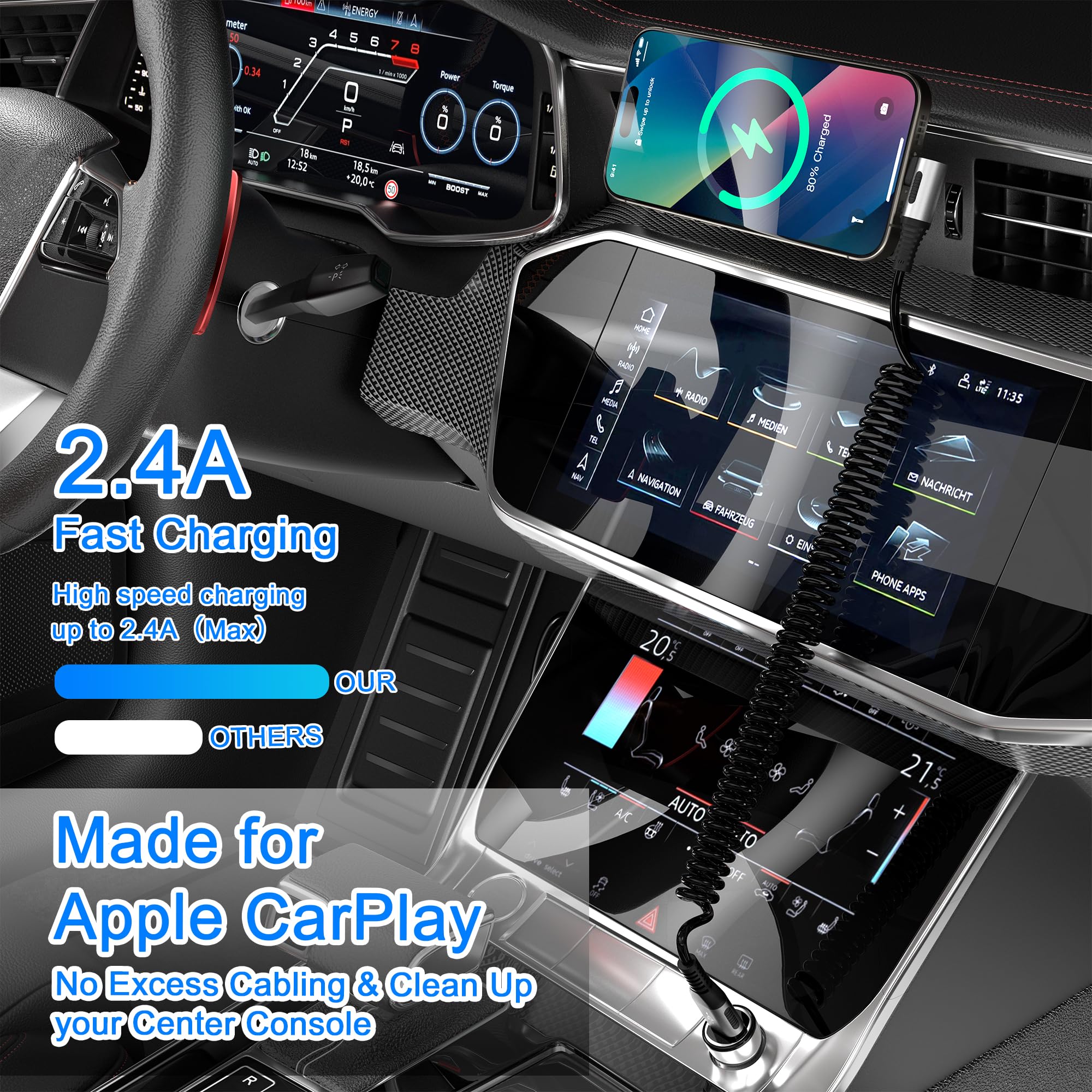 clickfish 90 Degree Coiled Lightning Cable 2 Pack MFi Certified Fast Charging Right Angle iPhone Charger for Apple Carplay iPad iPod - View 5 of 7