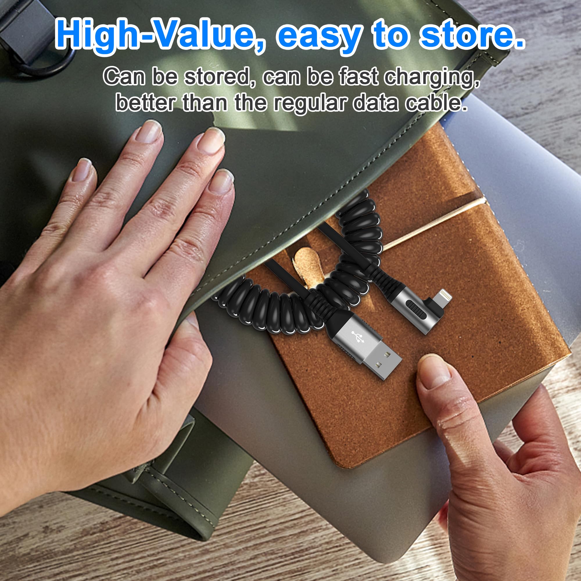 clickfish 90 Degree Coiled Lightning Cable 2 Pack MFi Certified Fast Charging Right Angle iPhone Charger for Apple Carplay iPad iPod - View 6 of 7