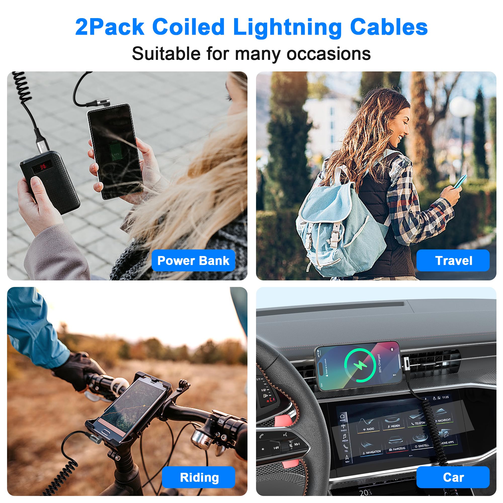 clickfish 90 Degree Coiled Lightning Cable 2 Pack MFi Certified Fast Charging Right Angle iPhone Charger for Apple Carplay iPad iPod - View 7 of 7