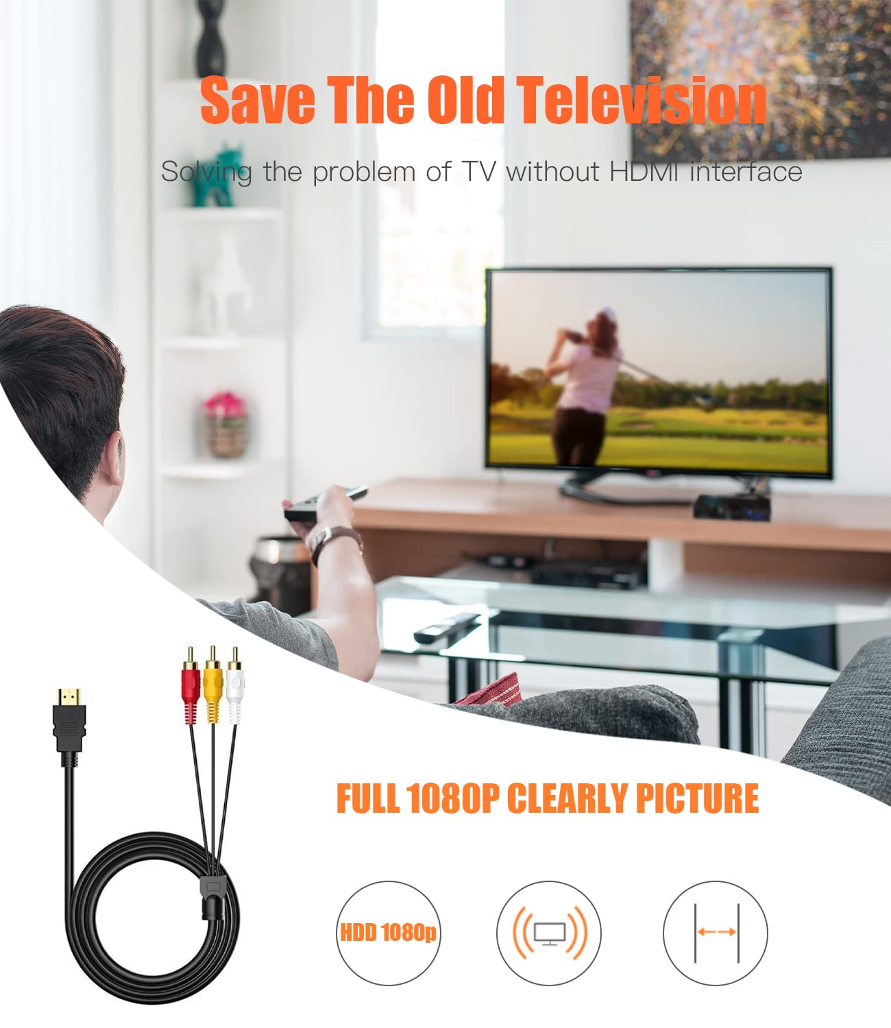 FAWETTY HDMI to RCA Cable 1080P 5ft HDMI Male to 3RCA Video Audio AV Connector Adapter for TV HDTV DVD - View 5 of 8