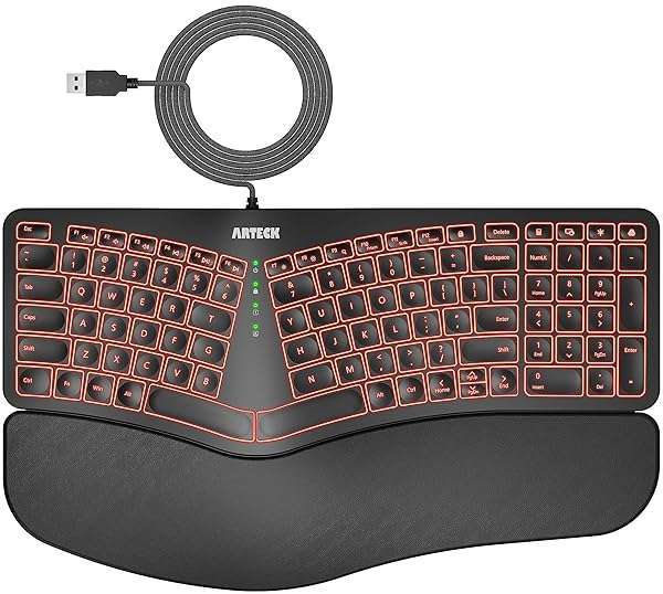 Arteck Arteck Ergonomic USB Wired Keyboard: Backlit, Cushioned Wrist Rest & Split Design for Ultimate Comfort on Windows PCs