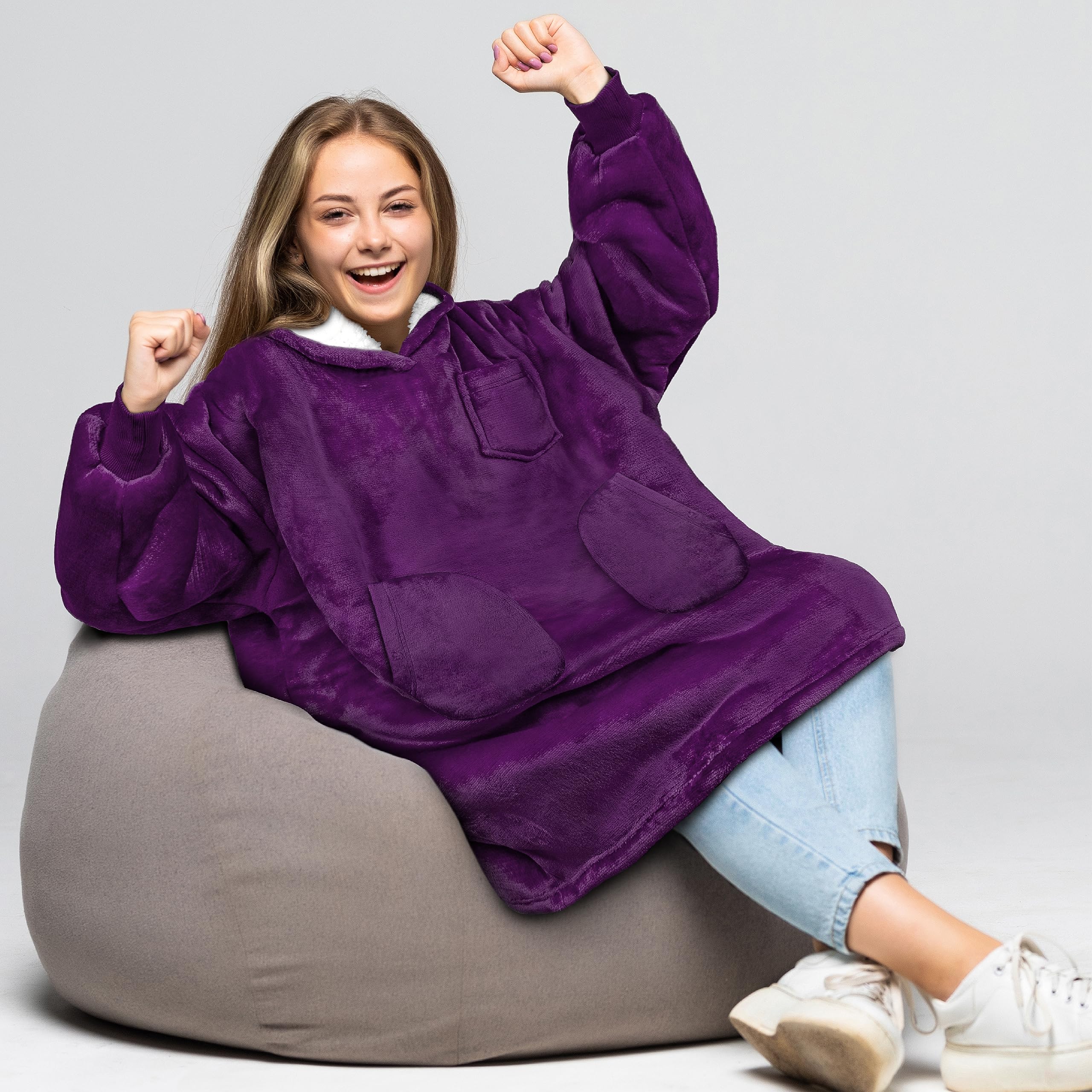 PAVILIA PAVILIA Wearable Blanket Sweatshirt for Kids in Purple Cozy Fleece Sherpa Oversized Hoodie with Sleeves and Two Pockets - View 2 of 7