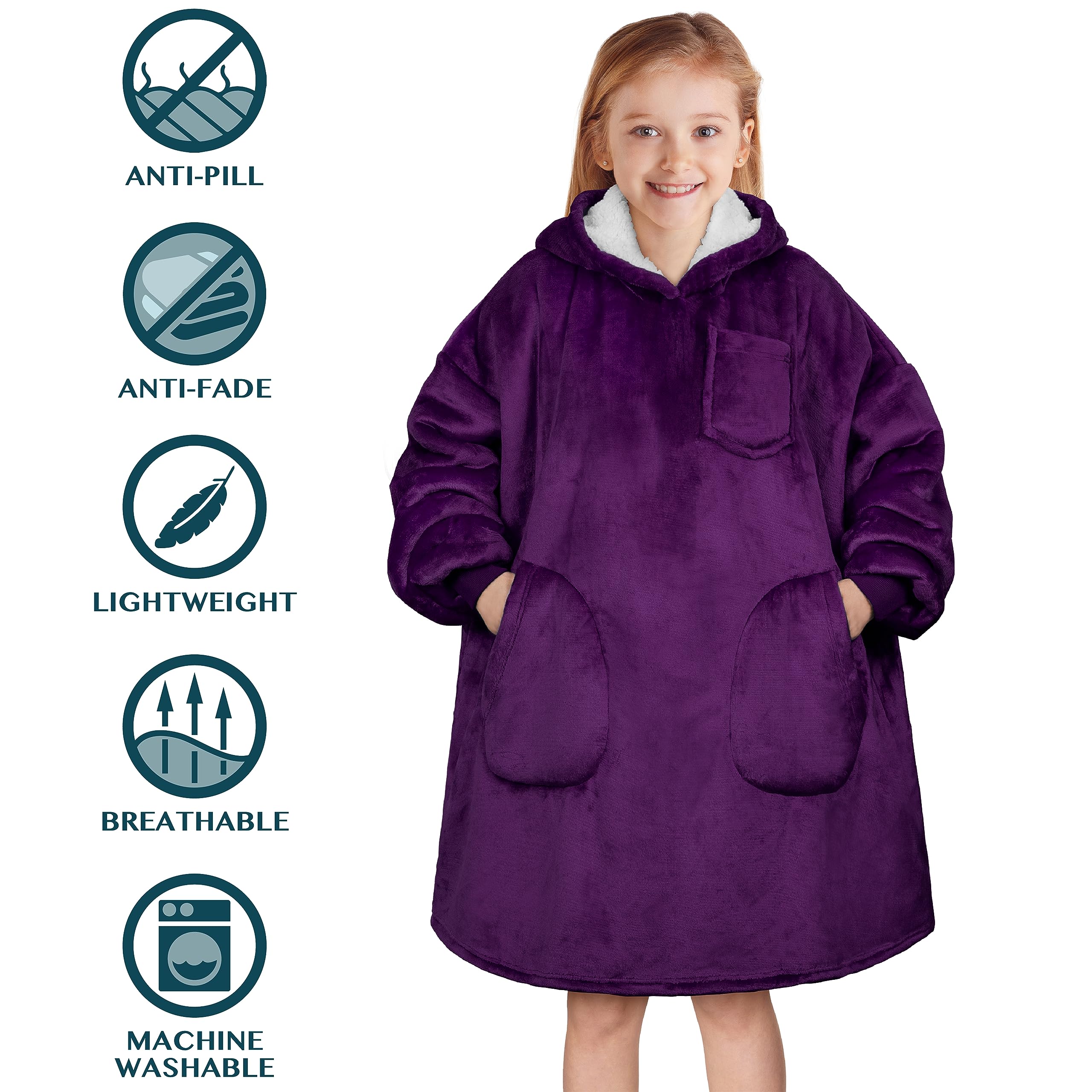 PAVILIA PAVILIA Wearable Blanket Sweatshirt for Kids in Purple Cozy Fleece Sherpa Oversized Hoodie with Sleeves and Two Pockets - View 5 of 7