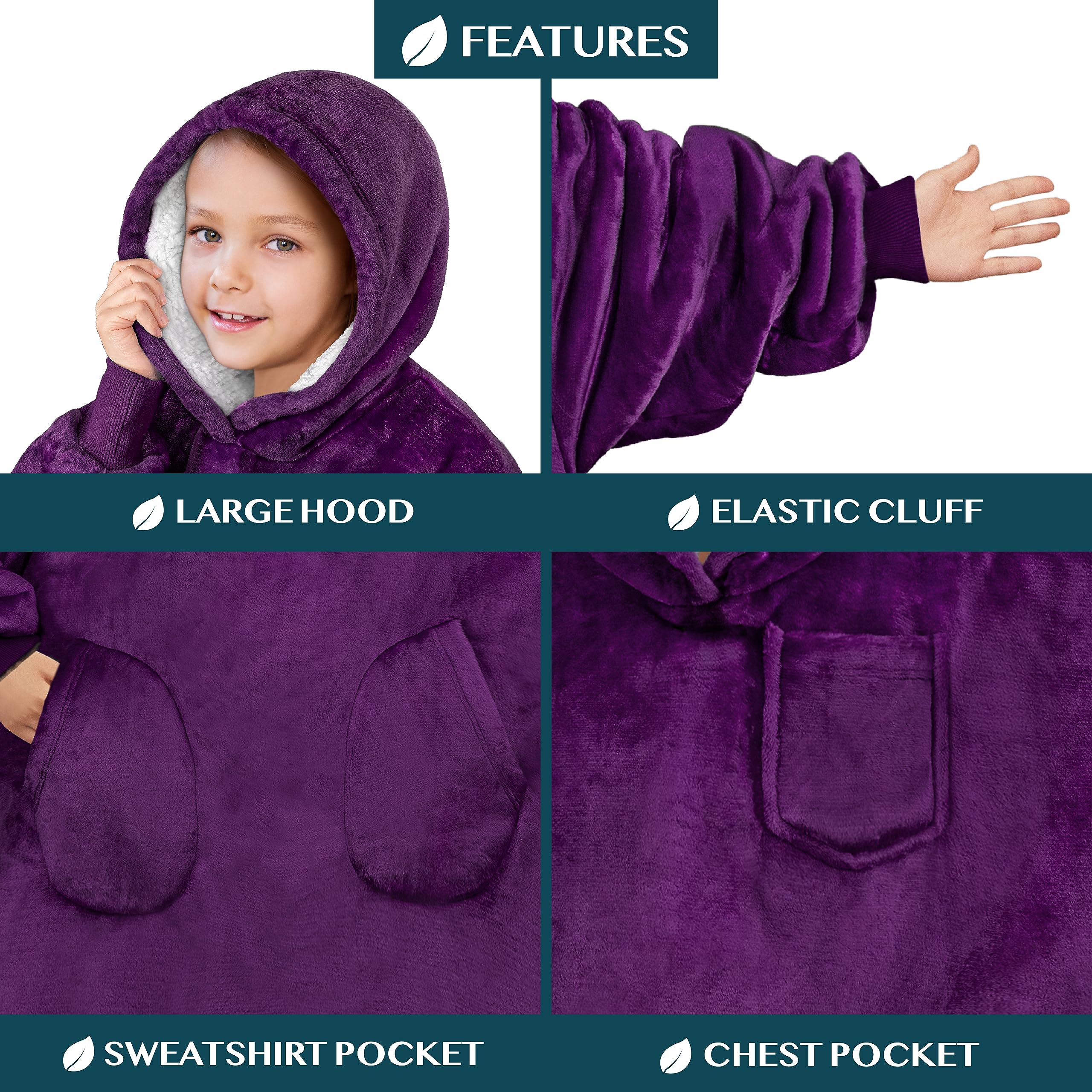 PAVILIA PAVILIA Wearable Blanket Sweatshirt for Kids in Purple Cozy Fleece Sherpa Oversized Hoodie with Sleeves and Two Pockets - View 7 of 7