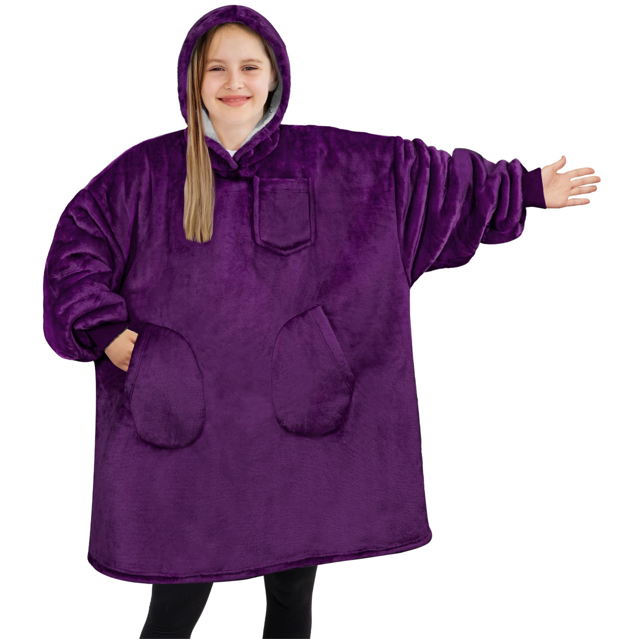 PAVILIA PAVILIA Wearable Blanket Sweatshirt for Kids in Purple Cozy Fleece Sherpa Oversized Hoodie with Sleeves and Two Pockets