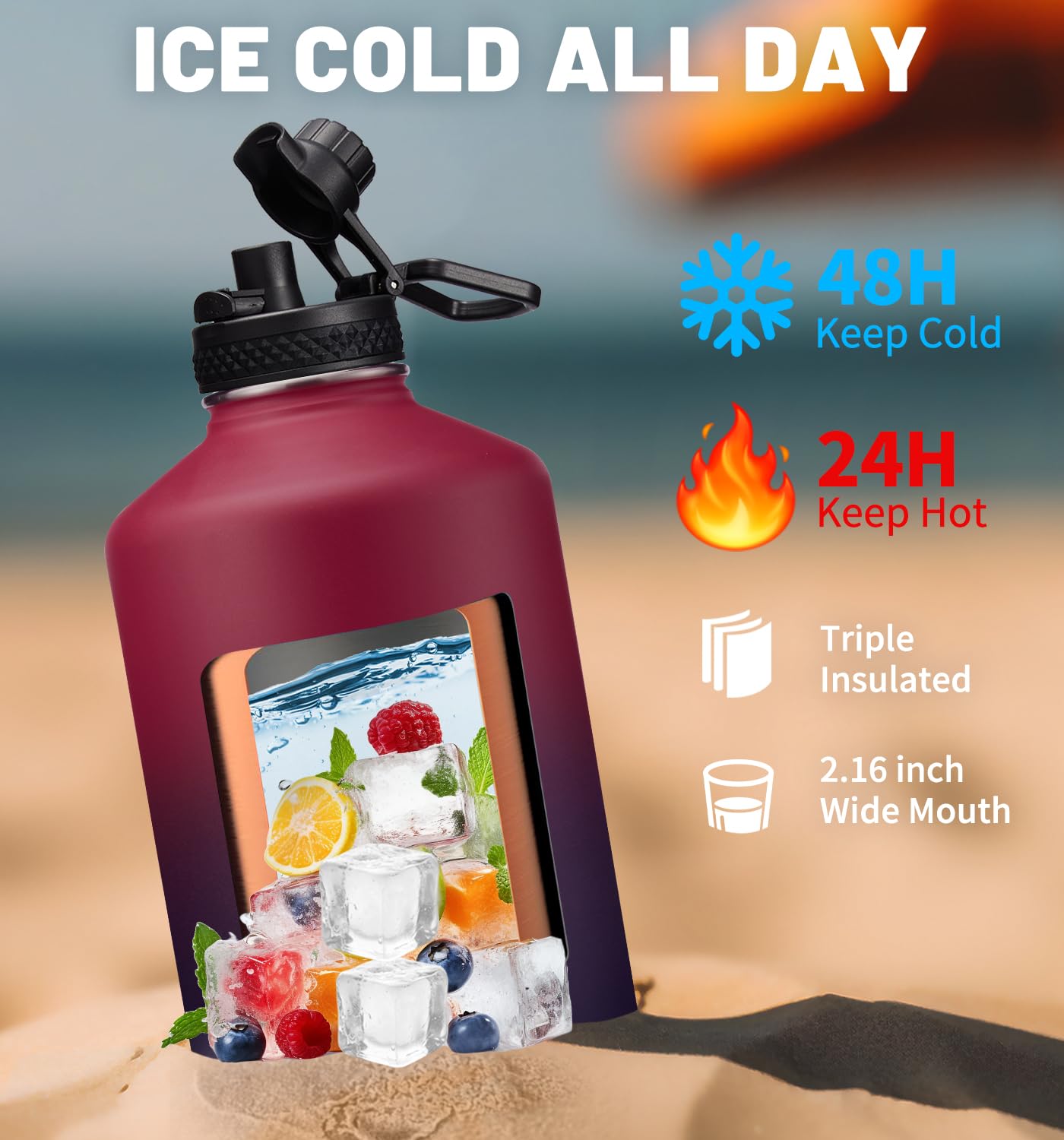 DIGJUPER DIGJUPER 1 Gallon Insulated Water Bottle with Straw Auto Chug Lid Paracord Handle and Sleeve Large Stainless Steel Jug for Sports and Work - View 4 of 9