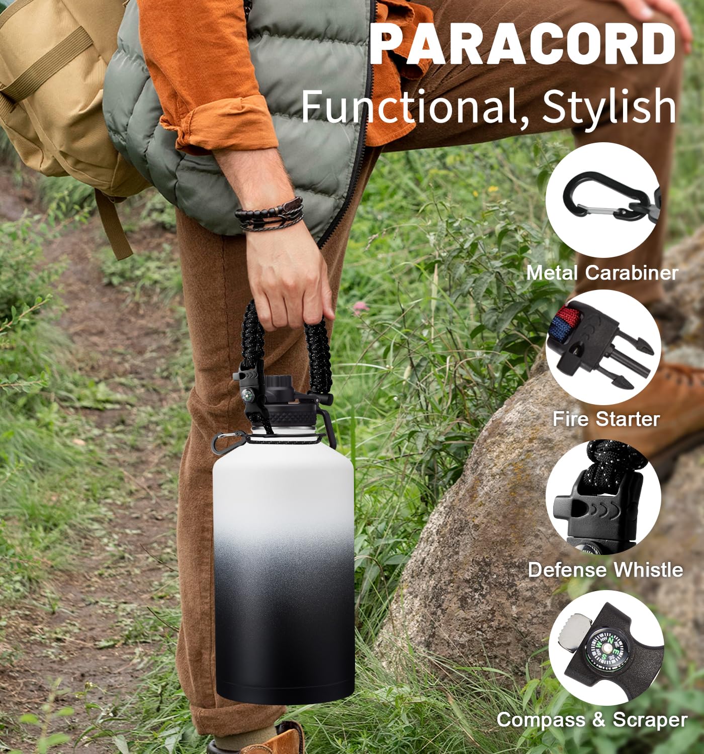 DIGJUPER DIGJUPER 1 Gallon Insulated Water Bottle with Straw Auto Chug Lid Paracord Handle and Sleeve Large Stainless Steel Jug for Sports and Work - View 6 of 9