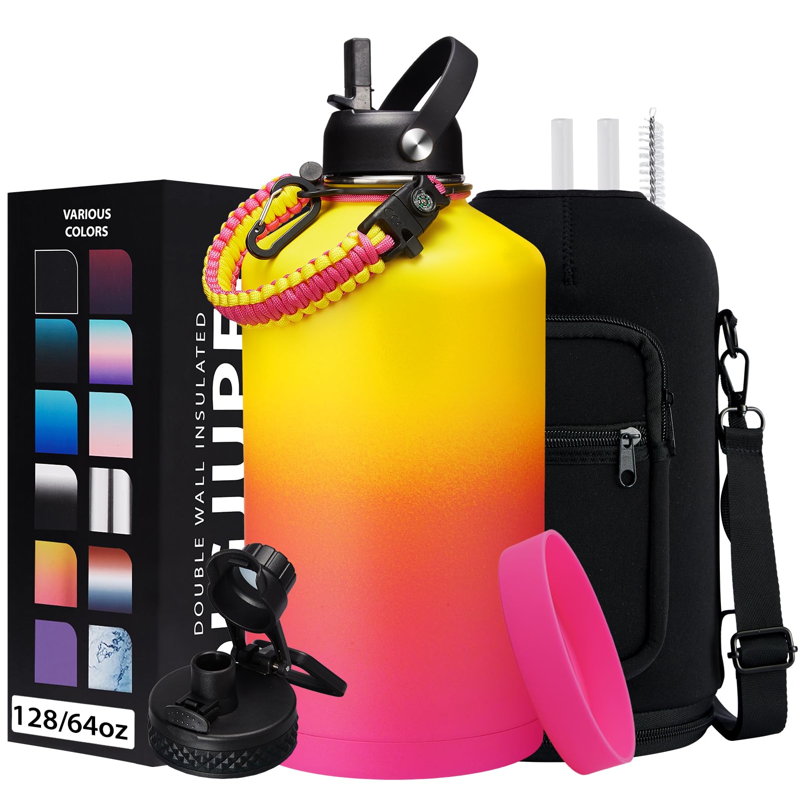 DIGJUPER DIGJUPER 1 Gallon Insulated Water Bottle with Straw Auto Chug Lid Paracord Handle and Sleeve Large Stainless Steel Jug for Sports and Work